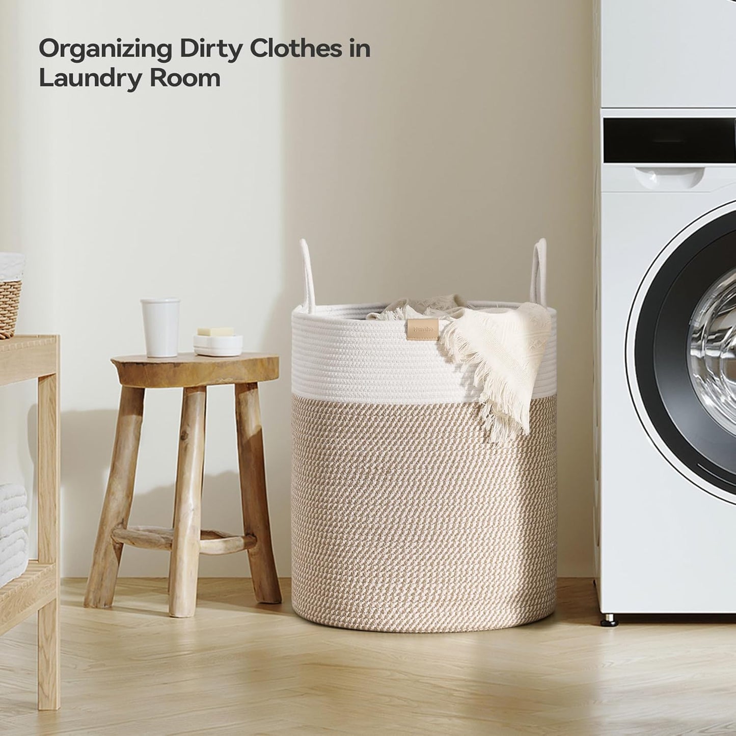 Laundry Hamper 62L,Large Laundry Basket for Clothes,Decorative Storage Basket for Blankets,Cotton Rope Woven basket for bedroom,Brown White