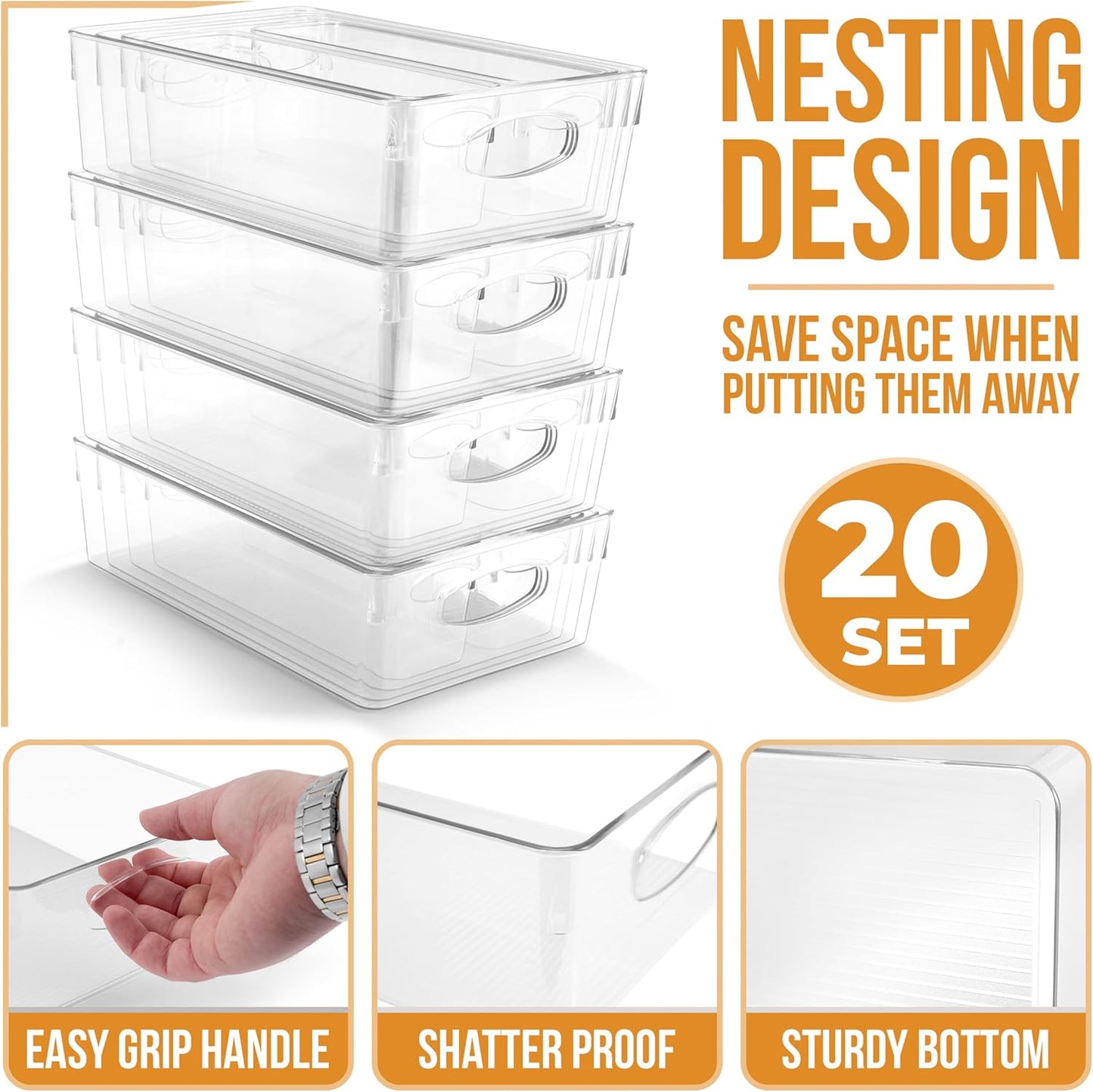 Sorbus Clear Plastic Storage Bins for Organizing, 20 Pack Clear Organizer Bins with Handles, Plastic Storage Bins for Closet, Pantry, Fridge, Medicine Cabinet Organizer, Shelves, Freezer, Drawer