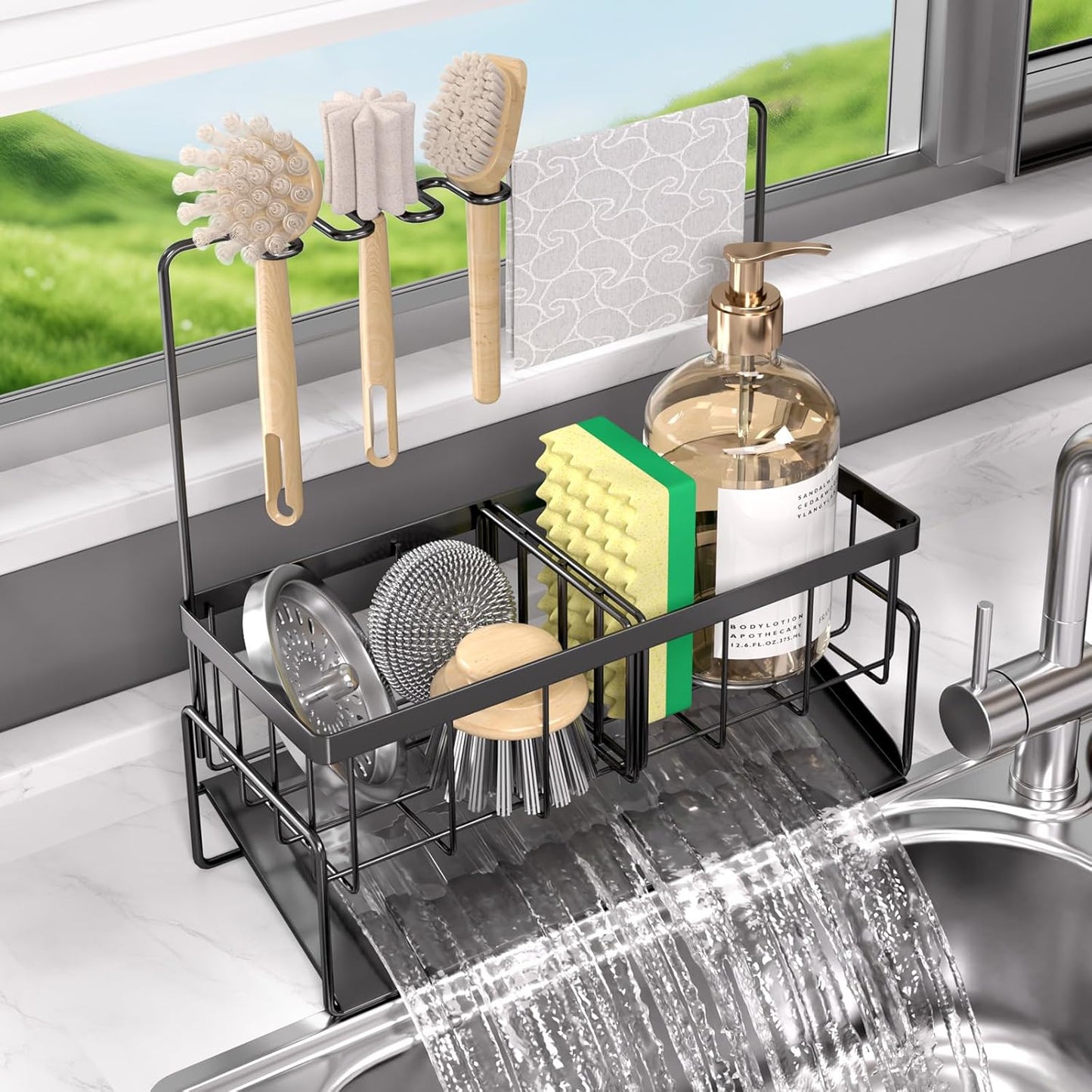 NET MEYA Sponge Holder for Kitchen Sink,Stainless Steel Sink Caddy With Brush Holder and Dishcloth Holder,Sink Oragnizer Kitchen Countertop Dish Soap Dispenser Set,Multifunctional Sink Organizer Caddy