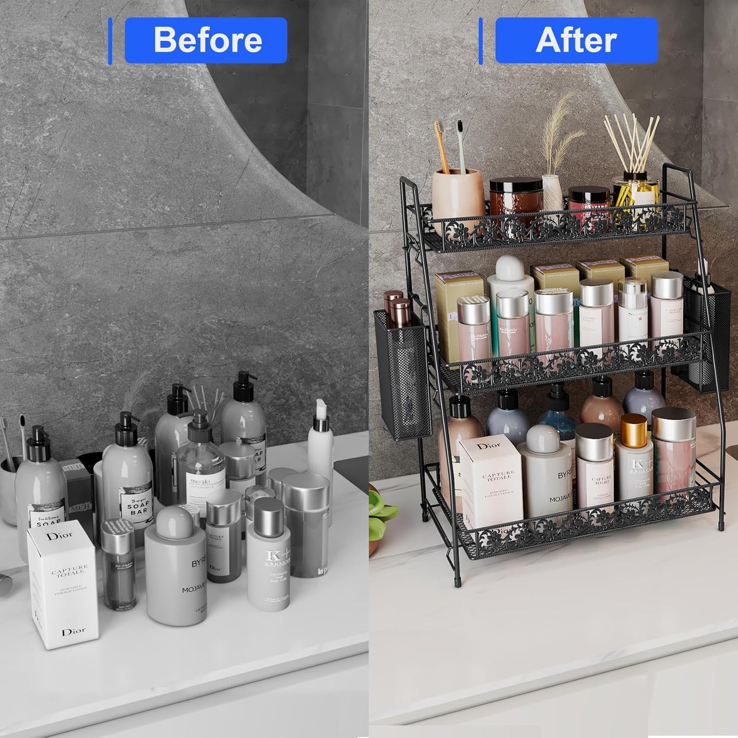 3-Tier Large Size Storage Rack,Counter Organiztion for Bathroom Countertop Organizer Shelf for Spice Racks for Kitchen/Sink/Bedroom/Living room/Office/Plant Rack with Two Metal Baskets