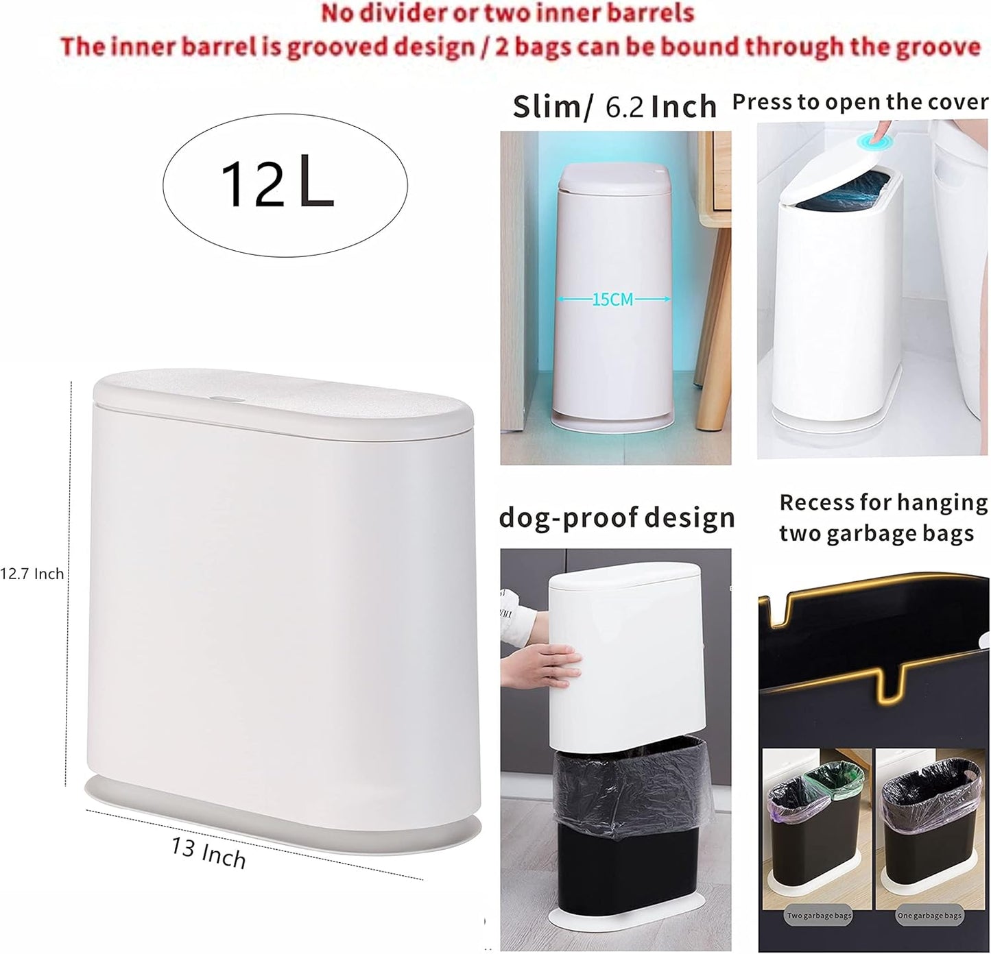 White Slim Bathroom Trash Can with Press Top Lid,12 Liter Small Thin Garbage Can,3.17 Gallon Narrow Dog Proof Plastic Waste Basket and Covered Wastebasket for Room,Bedroom,Kitchen,Toilet,Office,Dorm