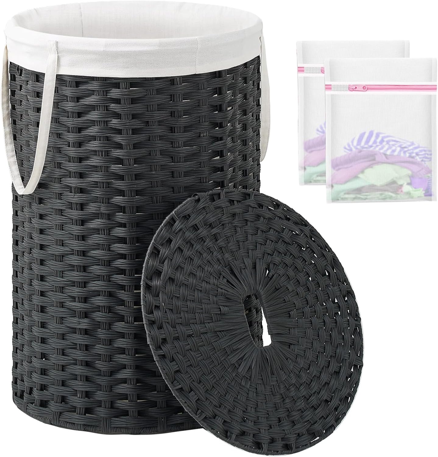 Large Laundry Hamper Laundry Basket Round 34.3 Gal (130 L) Handwoven Wicker Laundry Baskets Rattan Laundry Basket with Laundry Bag Handles 2 Mesh Bags for Living Room Bedroom Black