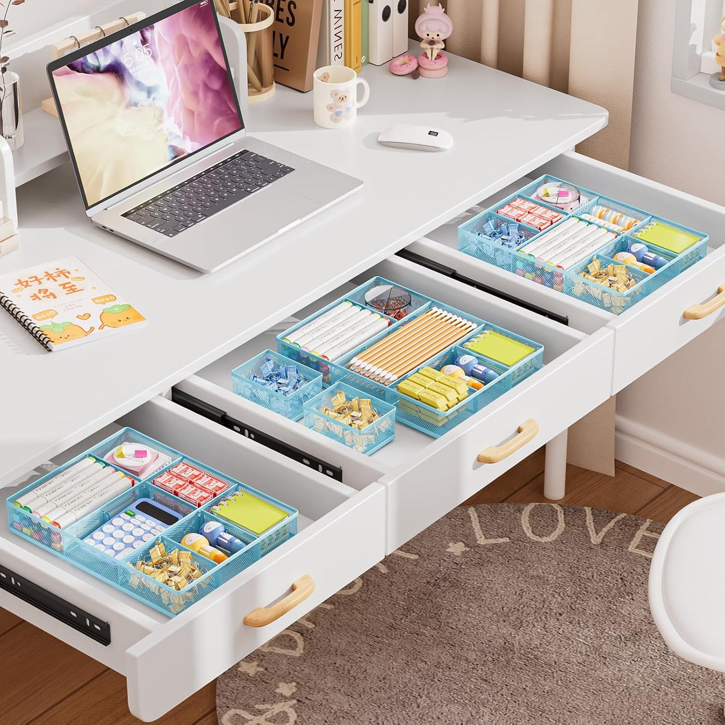 Marbrasse 3 Packs Desk Drawer Organizers, Metal Mesh Dividers with 9 Adjustable Compartments, Pen Organizer for Drawer Tray Box Accessories for Desktop,Kitchen, Makeup(Blue)