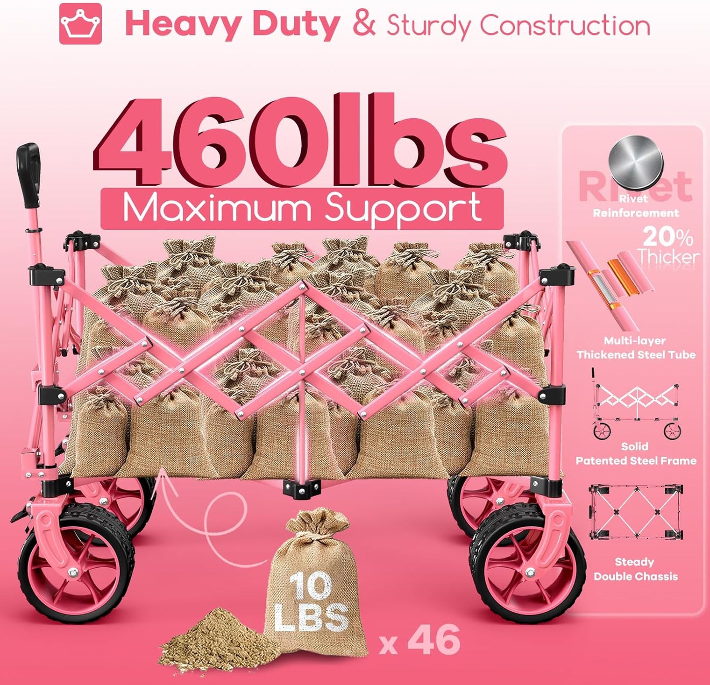 220L Collapsible Wagon Cart Foldable, 460lbs Load Capacity Heavy Duty Folding Beach Wagons with Big All-Terrain Wheels, Utility Carts for Groceries, Camping, Sports - Pink