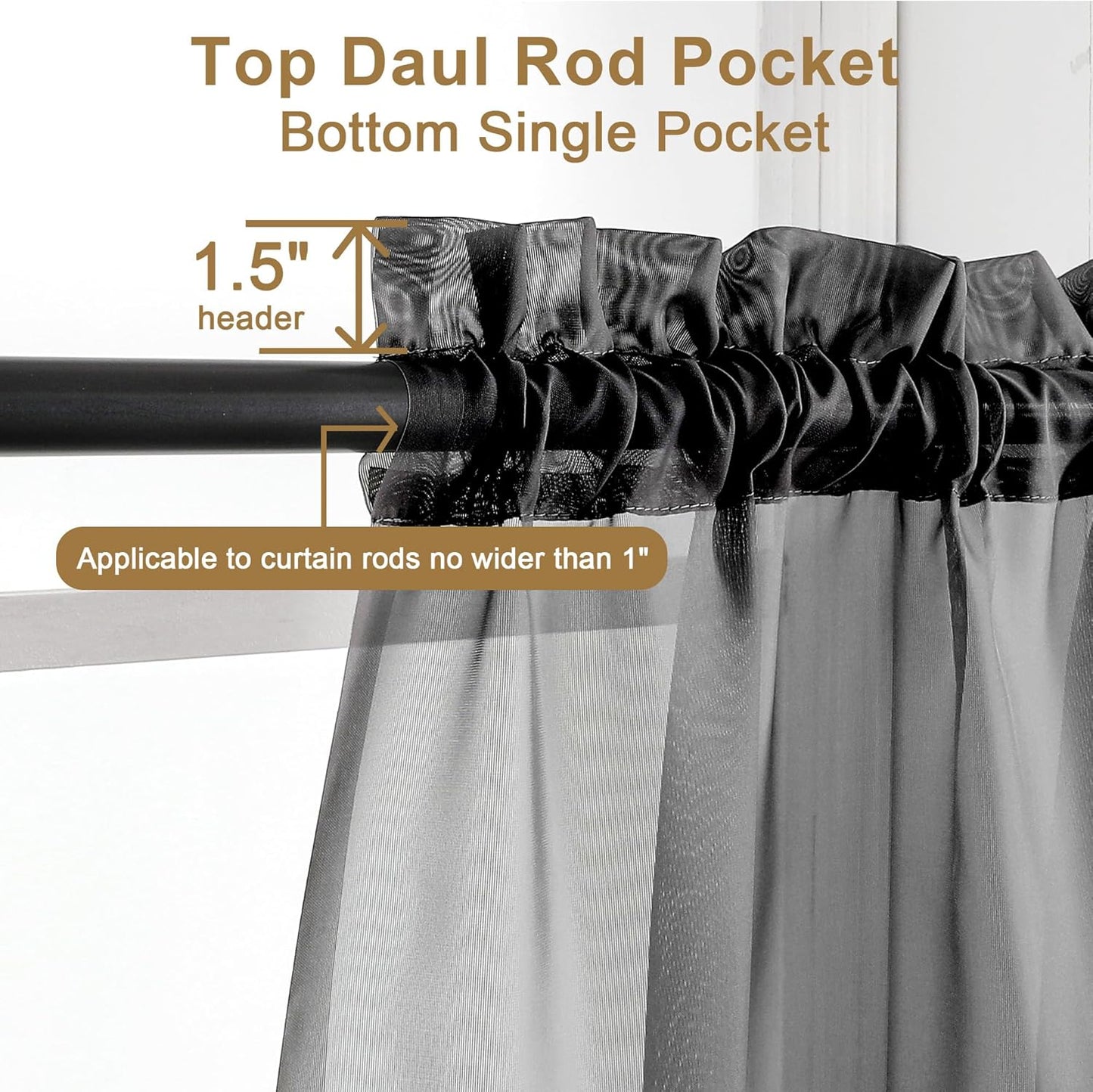 Chyhomenyc 2 Panels Extra Long Sheer Window Curtains 120 Inches Length, Elegant Window Voile Panels/Drapes/Scarf/Treatment/Backdrop for Living Room Wedding Party Home Decor (42W x 120L inches, Black)