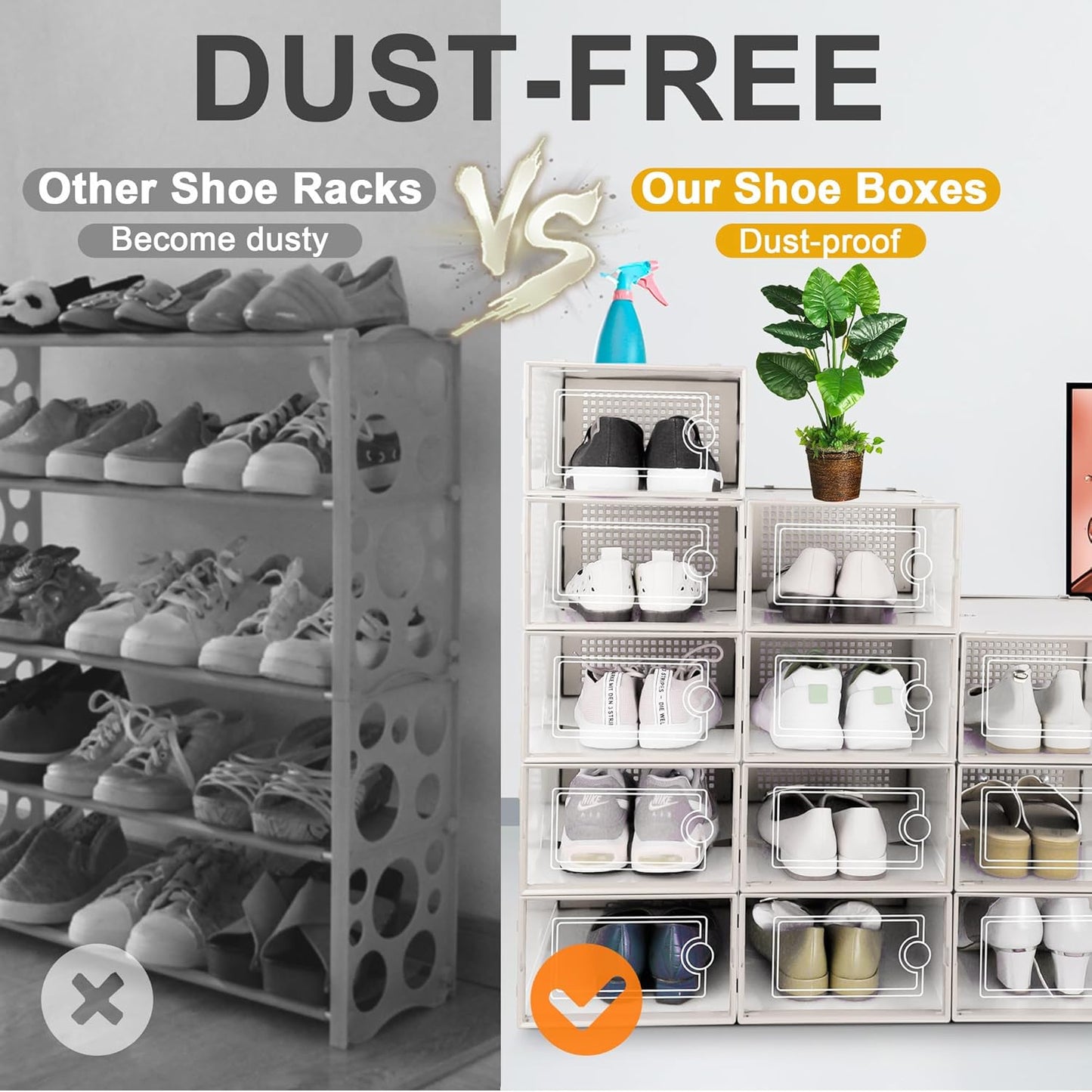 Kuject Large Shoe Organizers Storage Boxes for Closet, 12 Pack Clear Plastic Stackable Storage Bins with Lids, Under Bed Shoe Containers for Entryway, Fit up to Women's Size 10,Black,Off-white