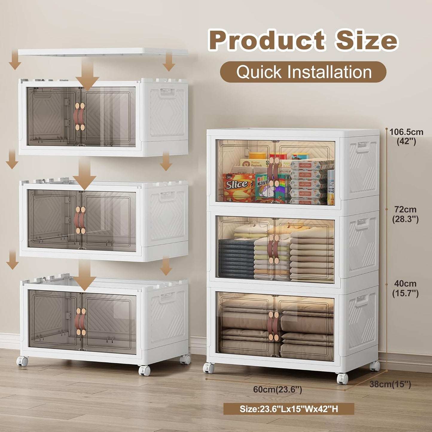 SAILUN 231QT Extra Large Collapsible Storage Bins with Wheels and Lid, Stackable Storage Bins Open Closet Organizers and Storage Storage Containers Drawers,23.6" L × 15" W × 42" H（3 Pack）