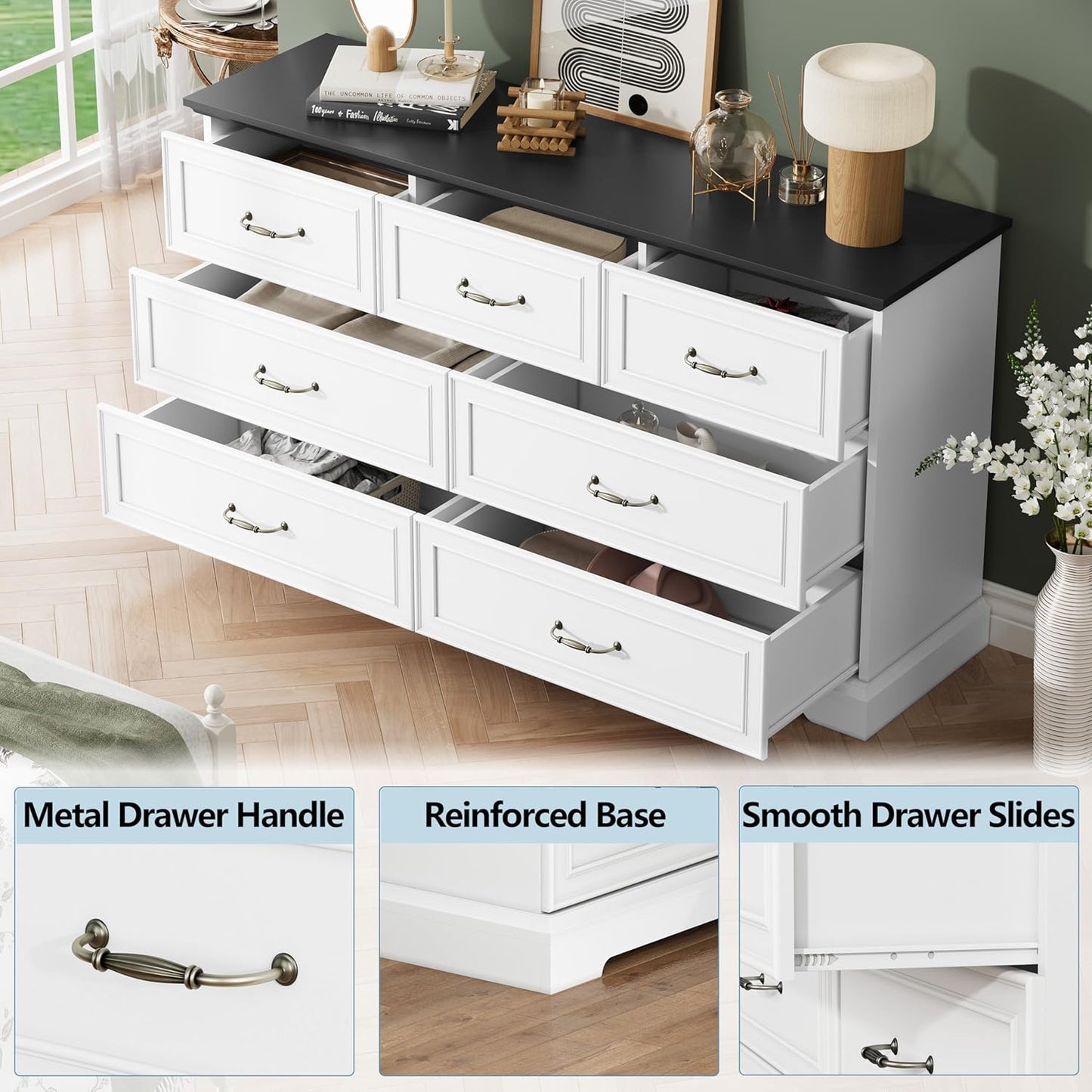 7 Drawer Dresser for Bedroom, 57" Wide Wooden Chest of Drawers, Rustic Farmhouse Dresser with Large Drawers & Metal Handles, Modern Storage Organizer for Closet, Living Room, Hallway, White