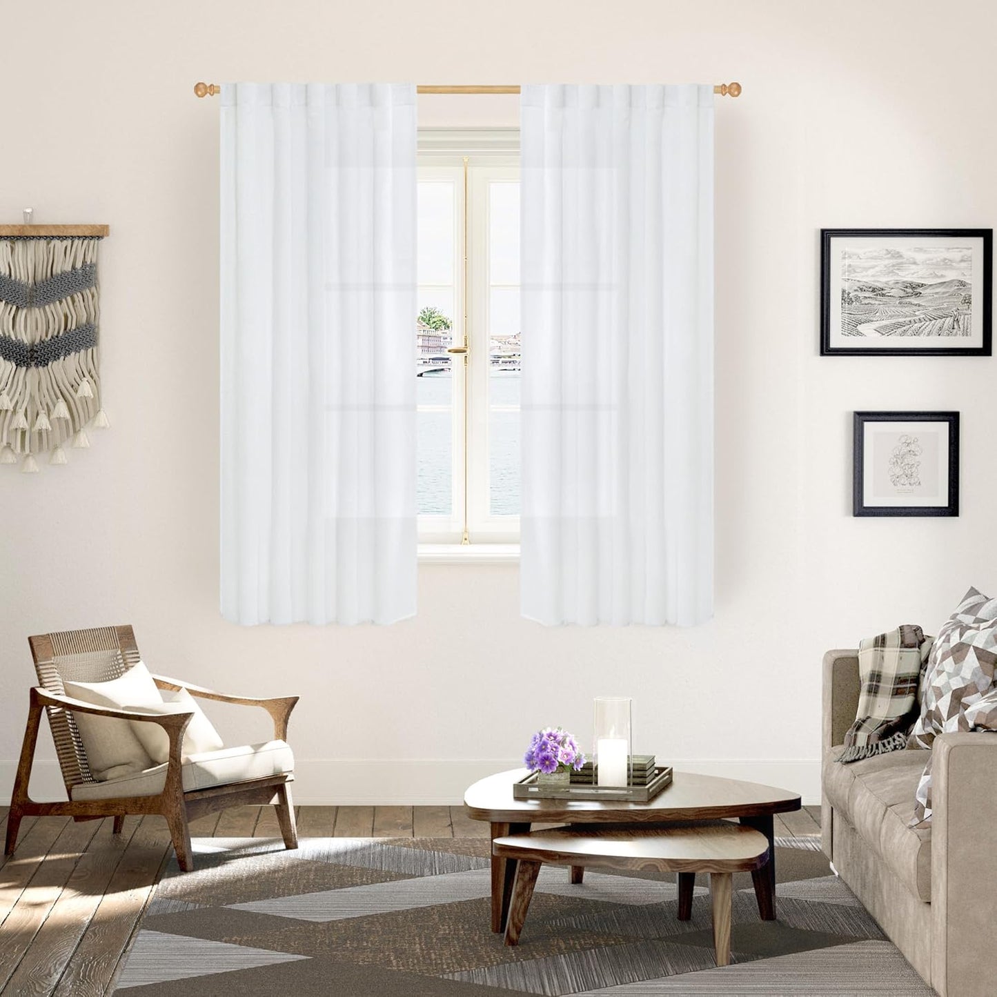 YoungsTex White Linen Semi Sheer Curtains 63 Inch Length for Short Window, Light Filtering Rod Pocket Drapes for Living Room Bedroom Office Rustic Country, 42 X 63 Inch, 2 Panels