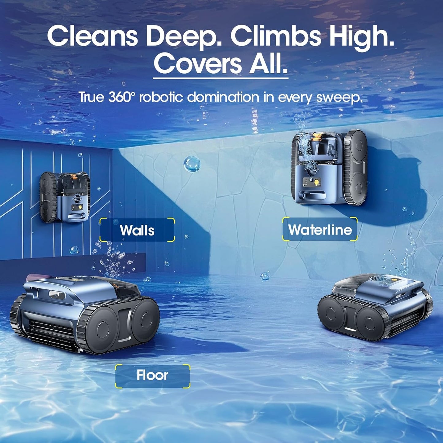 Cordless Robotic Pool Vacuum, Pool Cleaner with Track Drive & Sonar Navigation, 180W Brushless Motor, Wall & Waterline Climbing, 150-Min Runtime, for Inground & Above-Ground Pools up to 2150 Sq. Ft.