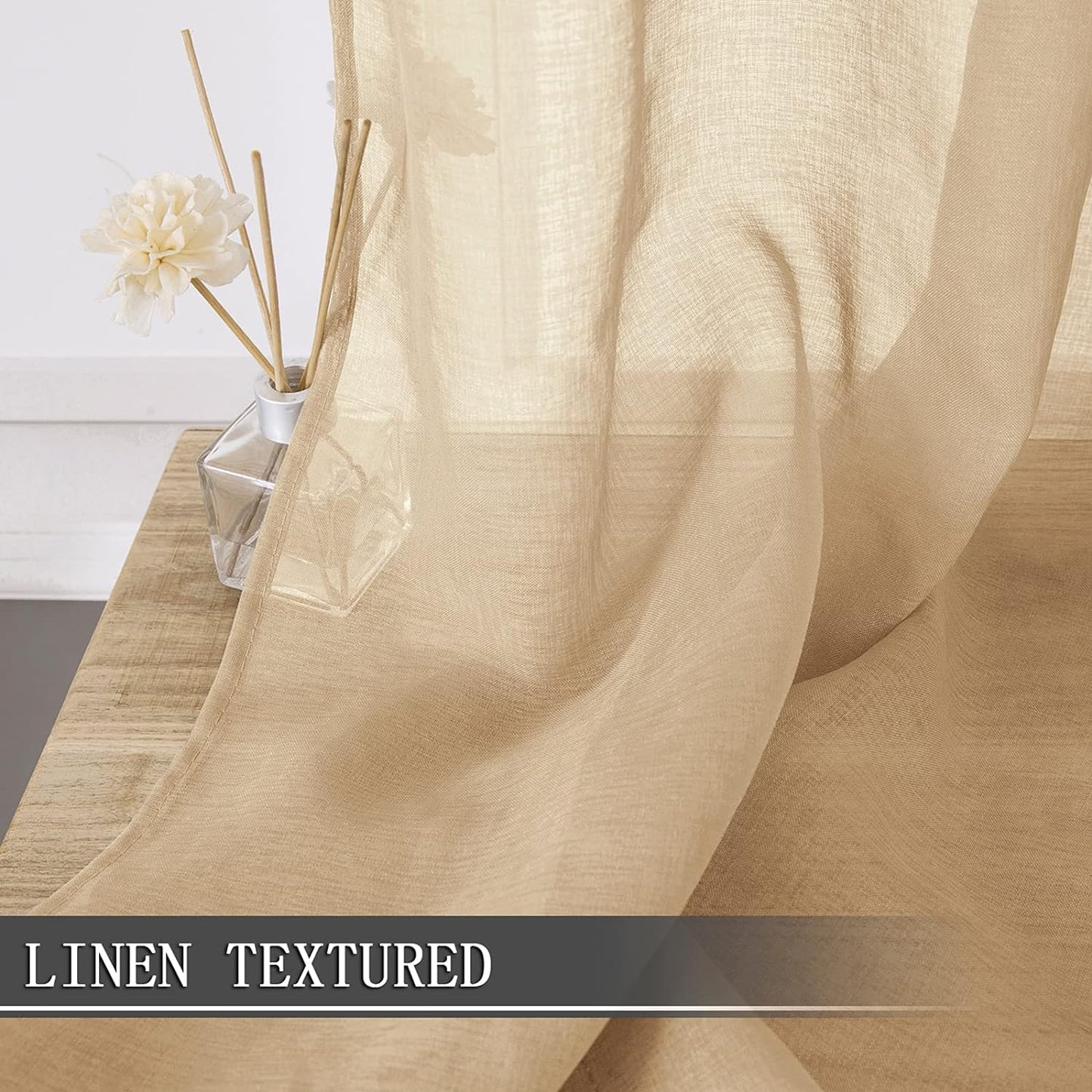 Tollpiz Short Sheer Tier Curtains Linen Textured Half Kitchen Curtain Sheers Light Filtering Rod Pocket Voile Small Curtain for Bathroom, 25 x 24 inches Long, Beige, Set of 2 Panels