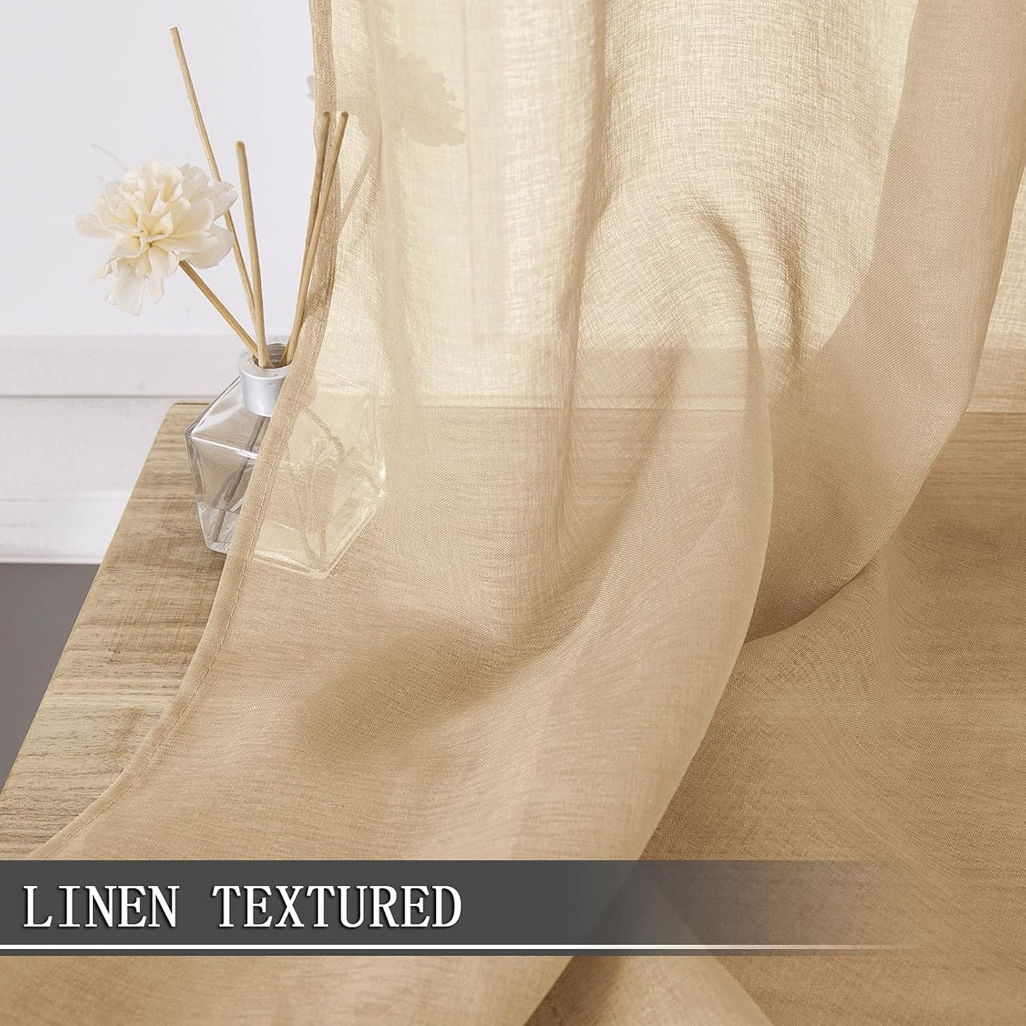 Tollpiz Short Sheer Curtains Linen Textured Bedroom Curtain Sheers Light Filtering Rod Pocket Voile Curtains for Living Room, 54 x 45 inches Long, Beige, Set of 2 Panels