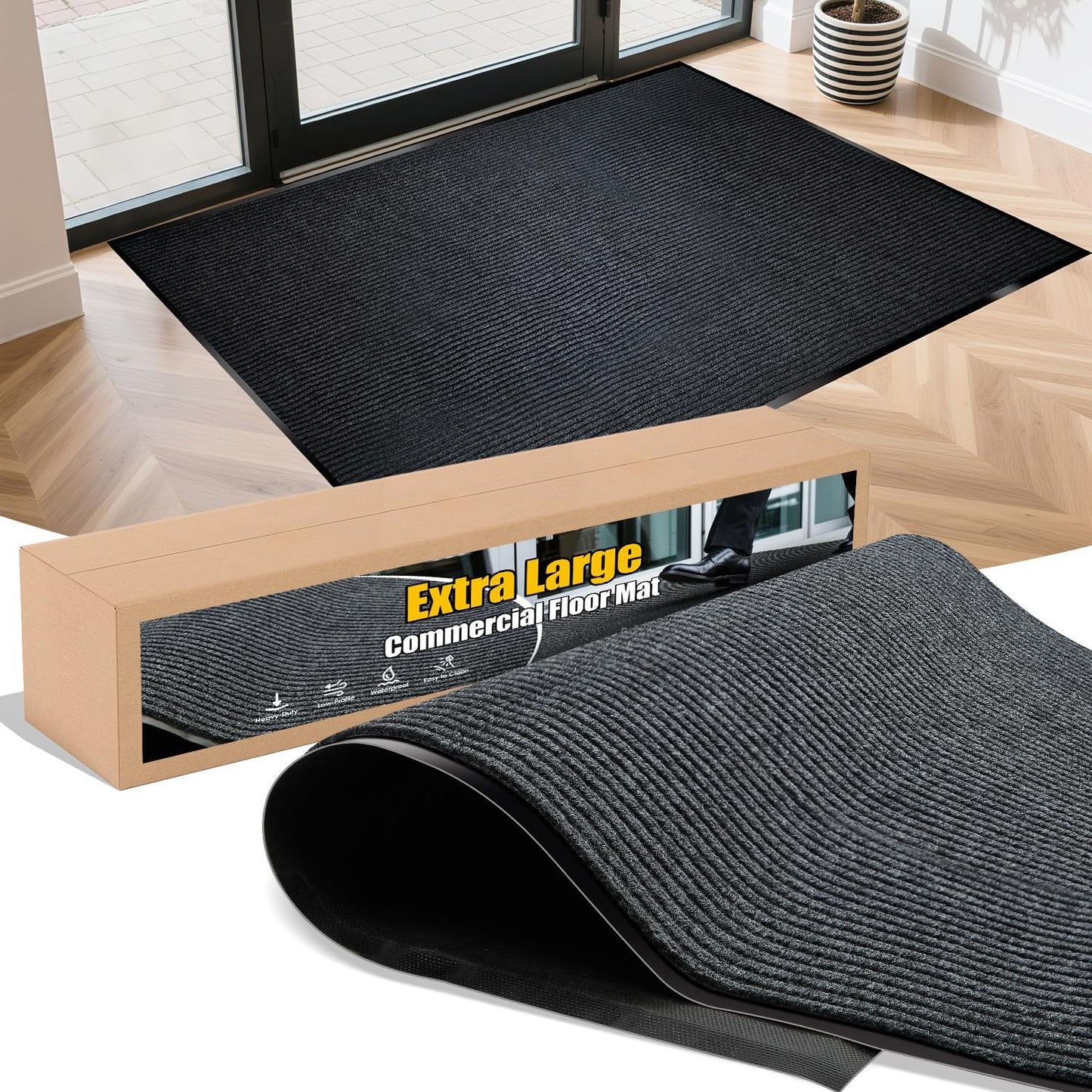 Extra Large Indoor/Outdoor Entrance Mat - 4 x 15 Feet, Rubber Border Door Mat Heavy Duty, Waterproof, Low-Profile, Easy to Clean, Rubber Entry Mat,Commercial Floor Mat, Charcoal Grey
