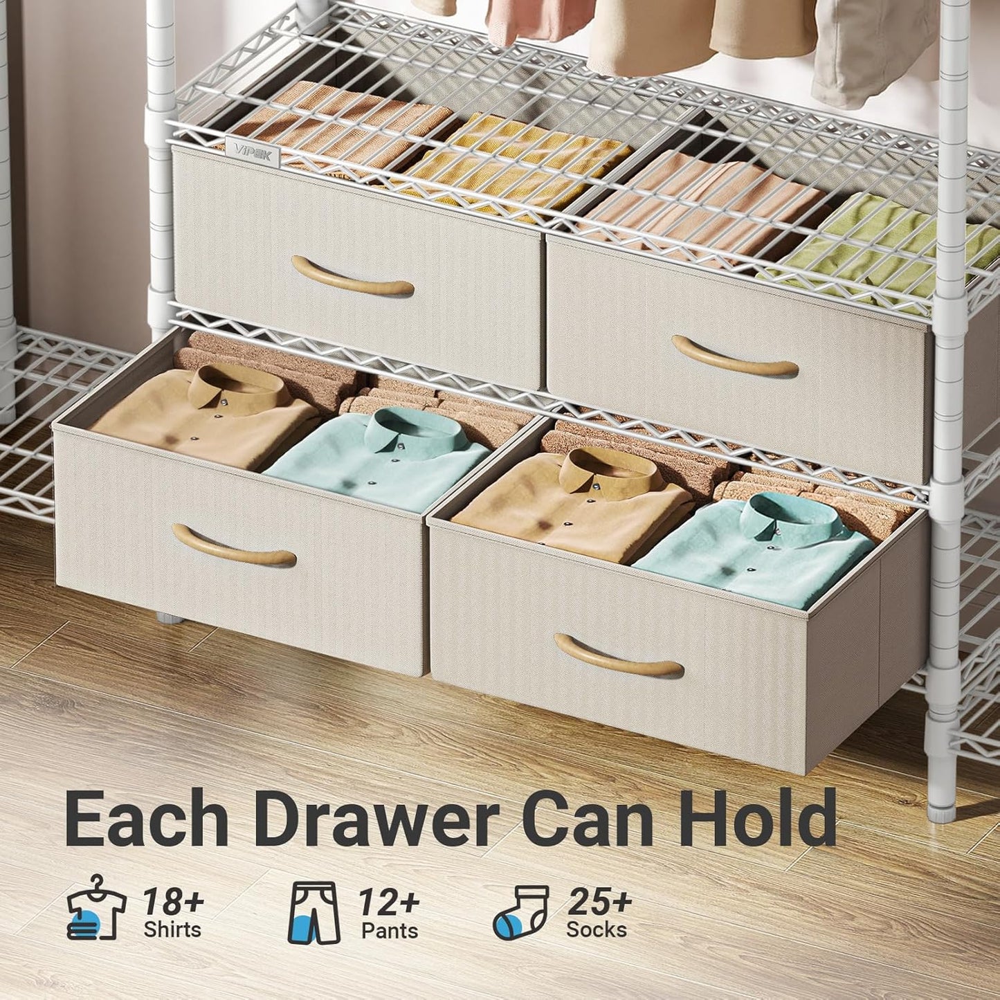 VIPEK V20 Wire Garment Rack Heavy Duty Clothes Rack, Metal Clothing Rack with 6 Shelves, 3 Hang Rods & 4 Fabric Drawers, Compact Freestanding Closet Wardrobe, 56.7" L x 14.6" W x 70.9" H, White