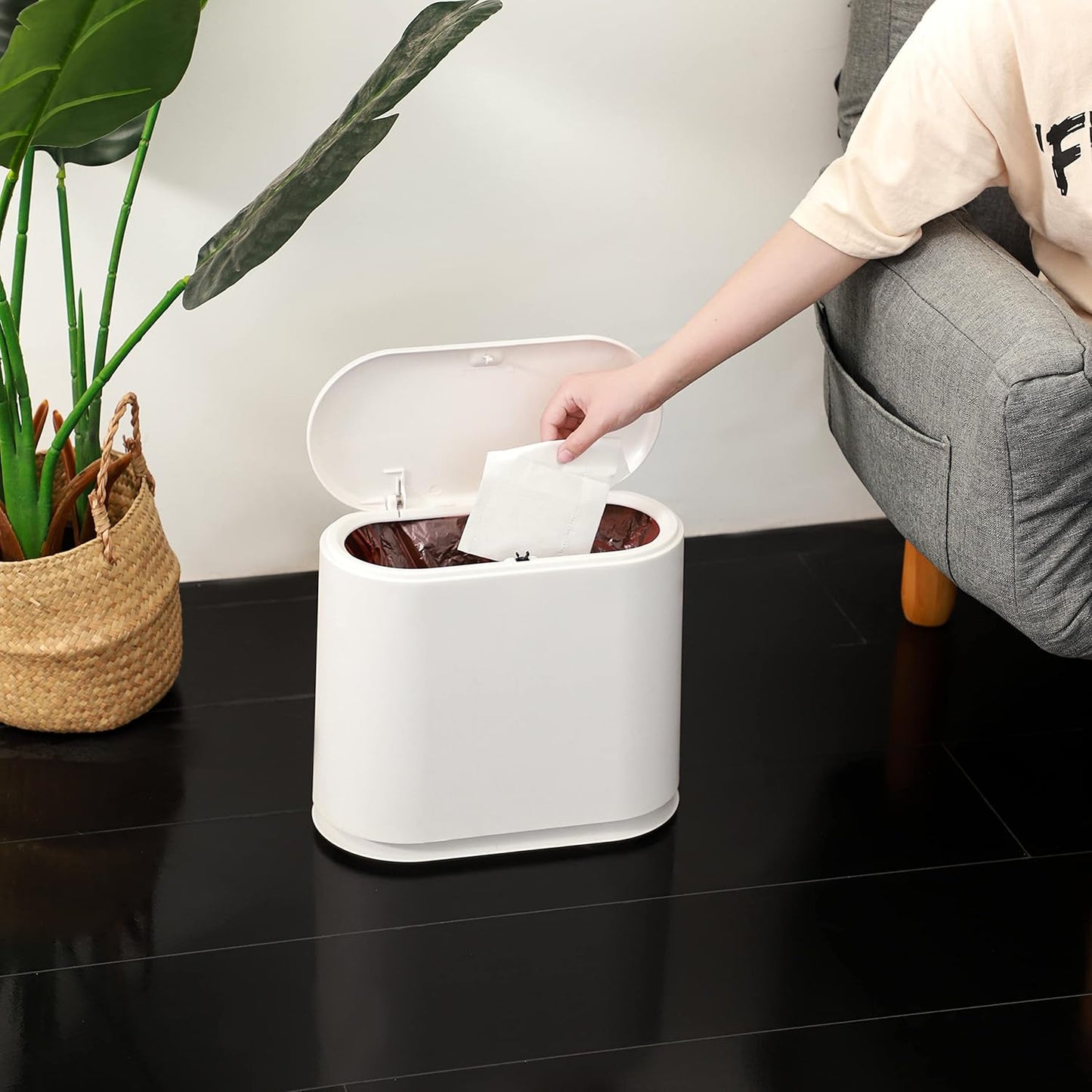 White Slim Bathroom Trash Can with Press Top Lid,12 Liter Small Thin Garbage Can,3.17 Gallon Narrow Dog Proof Plastic Waste Basket and Covered Wastebasket for Room,Bedroom,Kitchen,Toilet,Office,Dorm