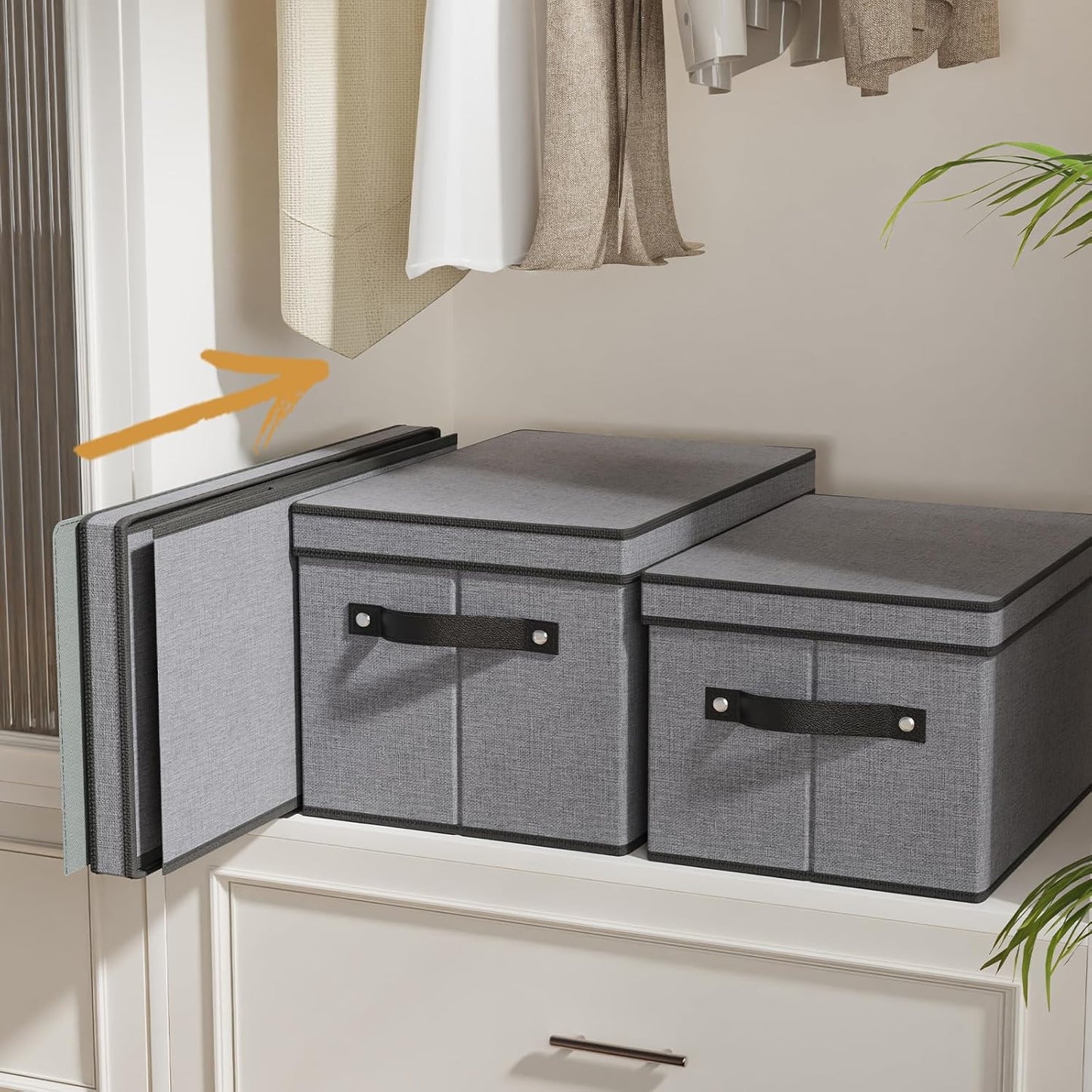 Clothing Storage Bins, Blanket Baskets for Shelves, Fabric Cubes with Handles and Lids, Decorative Linen Closet Organizers Boxes, Gray, 3 Pack, 16.5 x 11.8 x 10.2 Inch