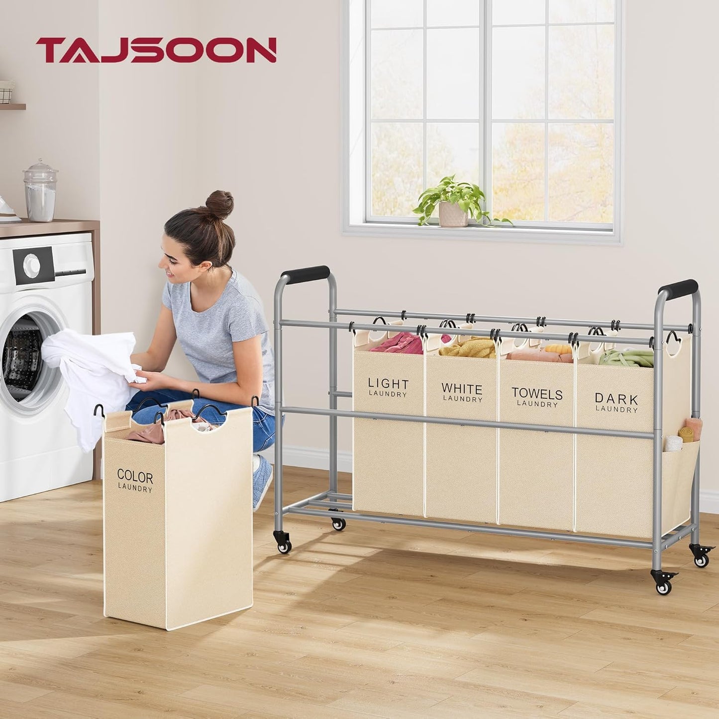 Tajsoon Laundry Sorter 5 Sections, Laundry Hamper with Heavy Duty Lockable Wheels and Removable Bags, 5 Bag Rolling Laundry Sorter Cart for Dirty Clothes Storage, Laundry Separator Hamper, Beige