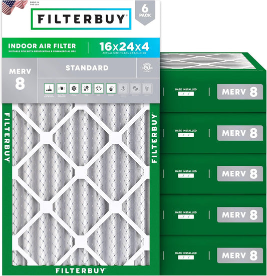 Filterbuy 16x24x4 Air Filter MERV 8 (MPR 700) Dust Defense Replacement (6-Pack), Electrostatic Pleated HVAC AC Furnace Filters, Made in USA (Actual Size: 15.38 x 23.38 x 3.63)