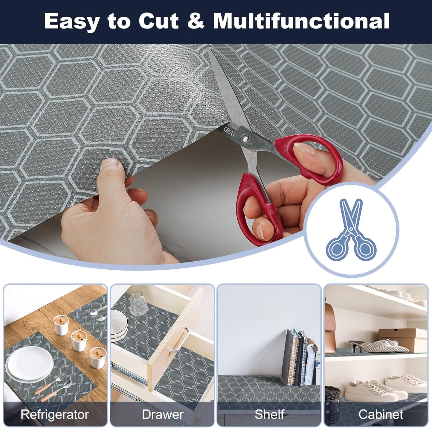 Non-Adhesive Shelf Liner Roll - Waterproof No-Slip Drawer & Cabinet Mat for Kitchen, Refrigerator, Bathroom, Easy to Cut EVA Drawer & Shelf Liners, 12" x 78.7", Grey