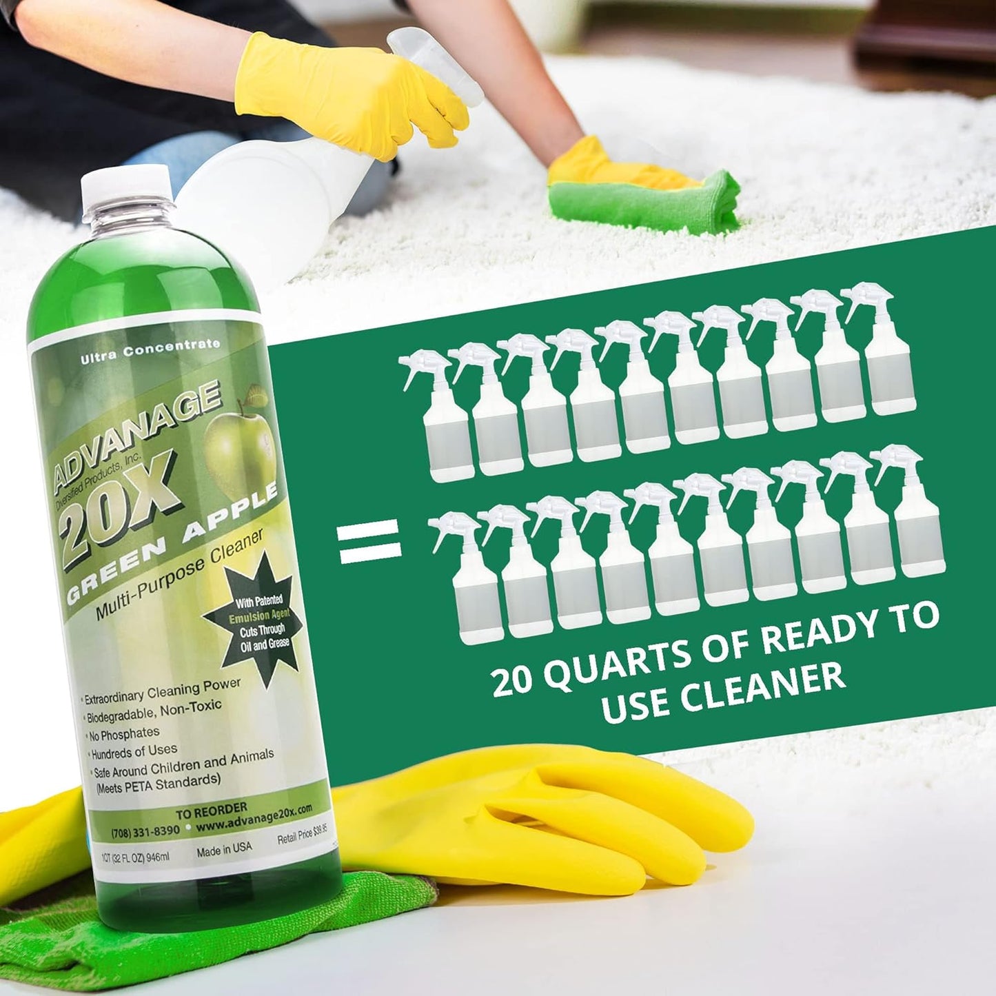 Advanage 20X All Purpose Cleaner Concentrate – Green Apple Eco-Friendly Heavy Duty Degreaser, Multisurface Cleaner for Bathroom, Kitchen, Floors, Household Cleaning Supplies, Made in USA, 32 Fl Oz