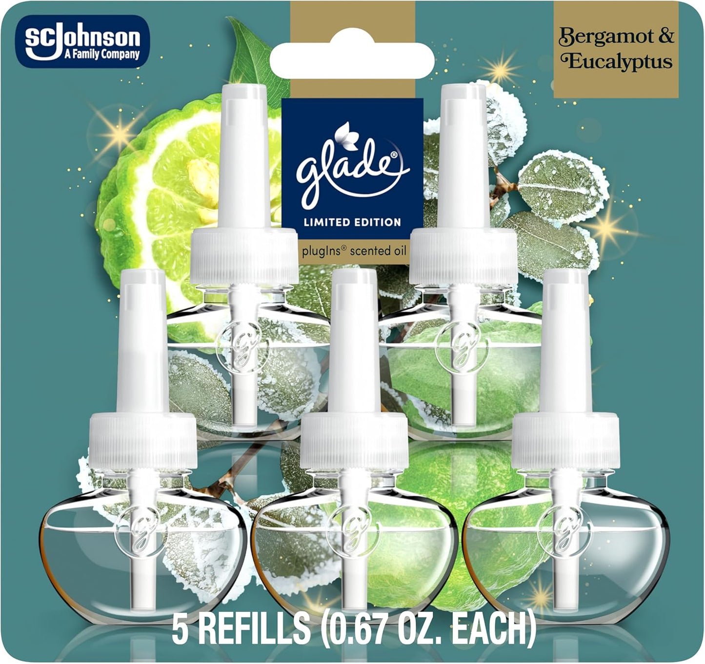 Glade PlugIns Refills Air Freshener, Bergamot & Eucalyptus, Scented and Essential Oils for Home and Bathroom, 0.67 Fl Oz, 5 Count