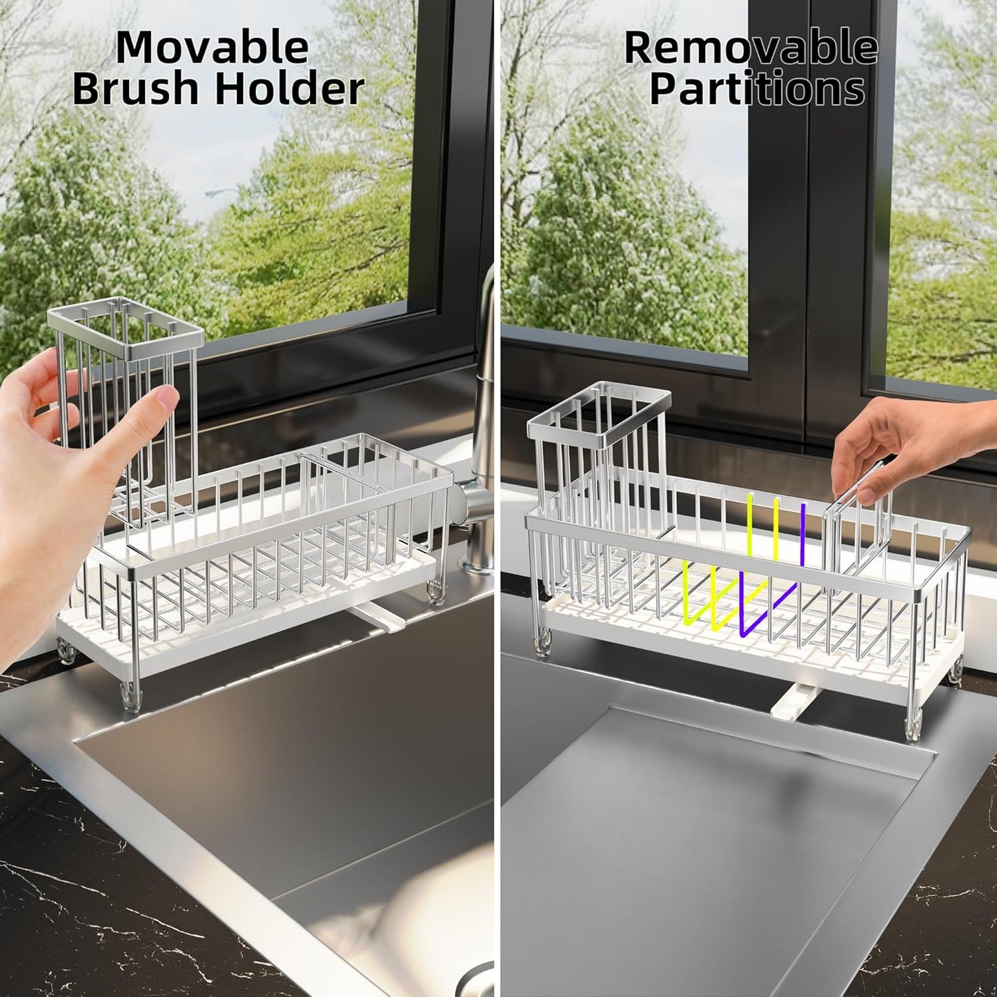 Moforoco Larger Version Sponge Holder for Kitchen Sink, Sink Caddy with High Brush Holder, Kitchen Sink Organizer Countertop Rustproof 304 Stainless Steel (Stainless Steel)