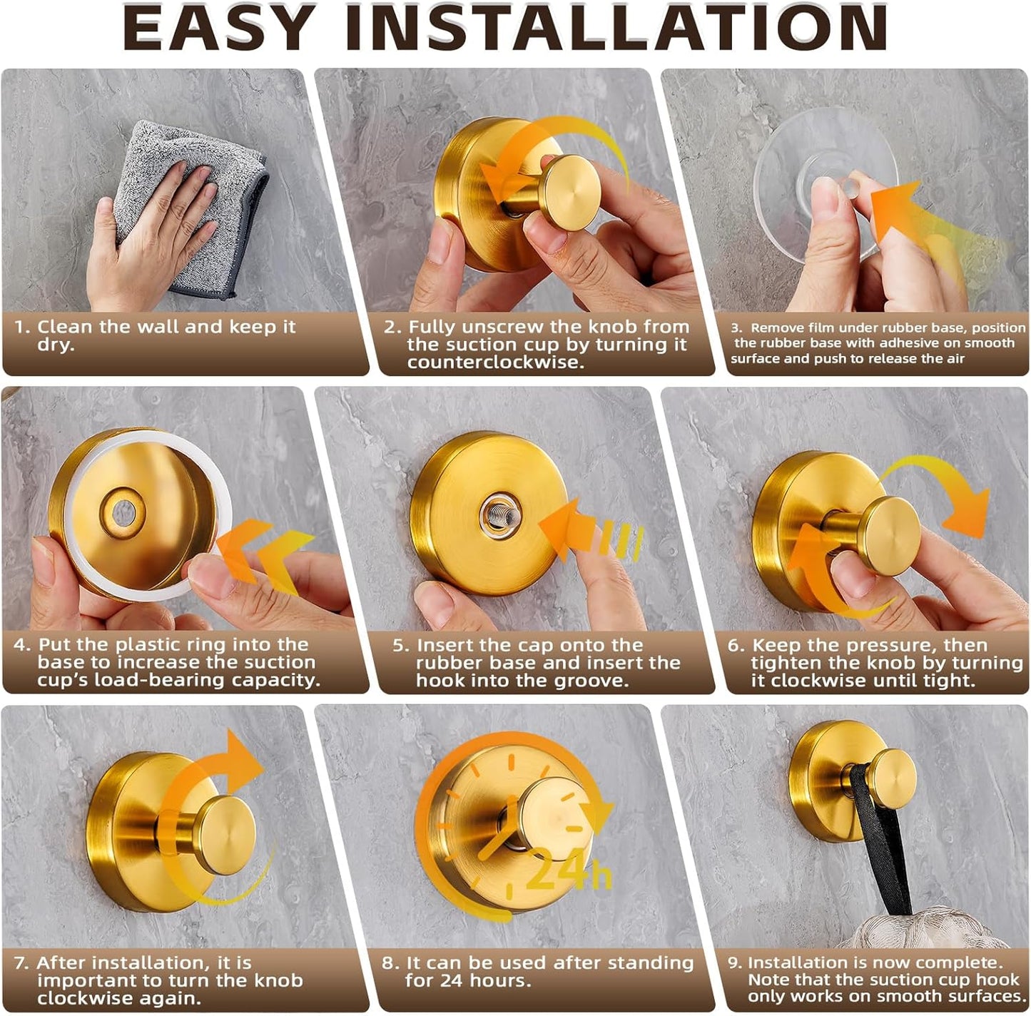 Reusable Heavy Duty Suction Cup Hooks for Kitchen/Bathroom/Shower - Wet-Proof Hooks for Towels, Robes, Loofah&Wreaths/No Drill Mounting on Glass, Tile, Metal (4, Brushed Gold)