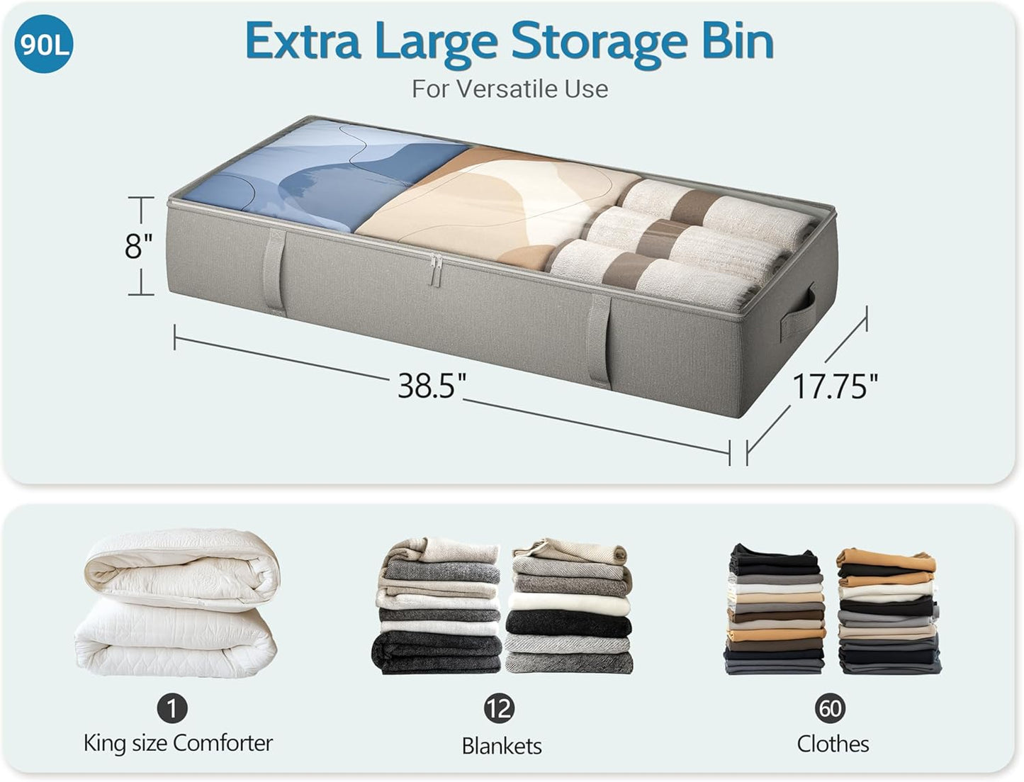 2-Pack Under Bed Storage Containers, 8 Inches Tall Underbed Clothes Storage Organizer Bin with Sturdy Sidewalls/Bottom, Under the Bed Storage Bags 2 Storage Bins, Light Grey