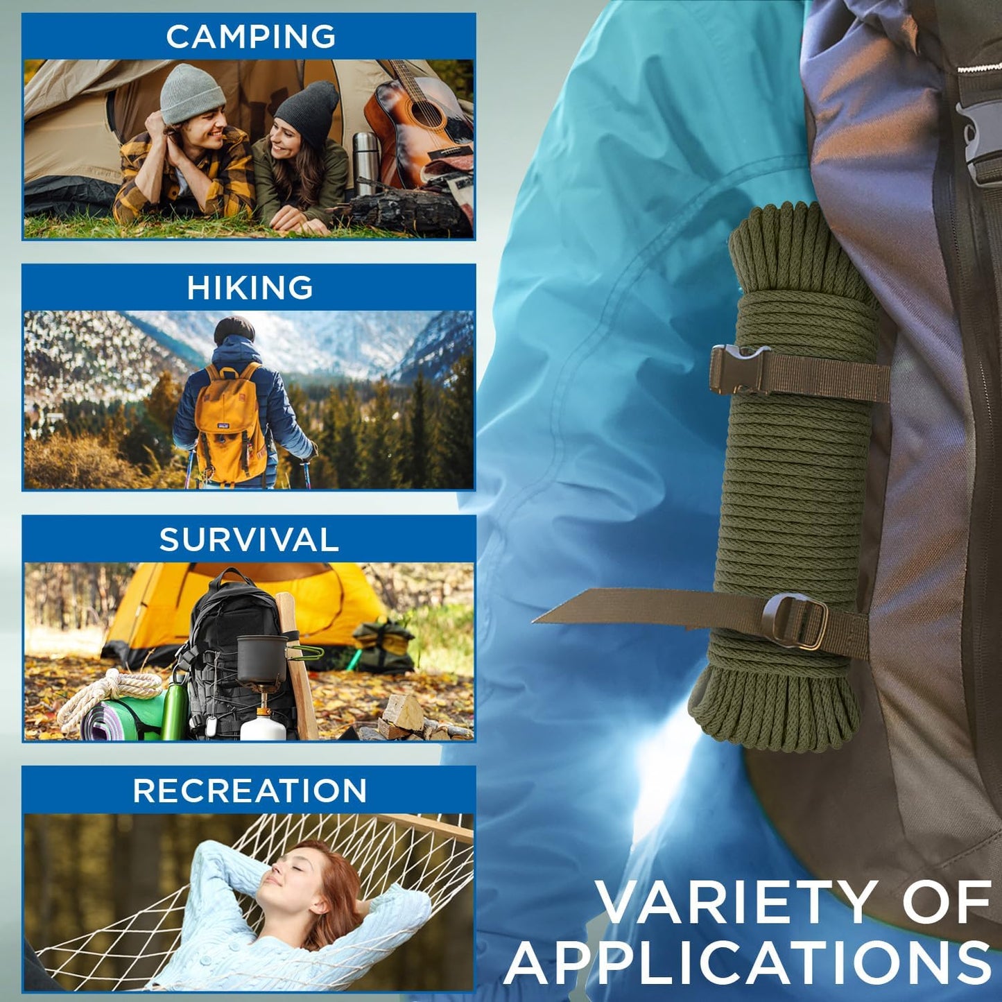 TECEUM Cotton Rope 3/16” (5 mm) – 100 FT – Strong All-Purpose Braided Rope – Natural Cotton – for Crafting, Сamping, Clothes Line, DIY, Indoor & Outdoor Use – Army Green