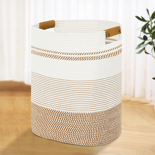 Laundry Basket with Handles - Blanket Basket & Hampers for Bedroom Aesthetic, Laundry Hamper & Blanket Storage for Living Room, Clothes Hamper, Tall, Large 17" x 14" x 22”, Brown & White