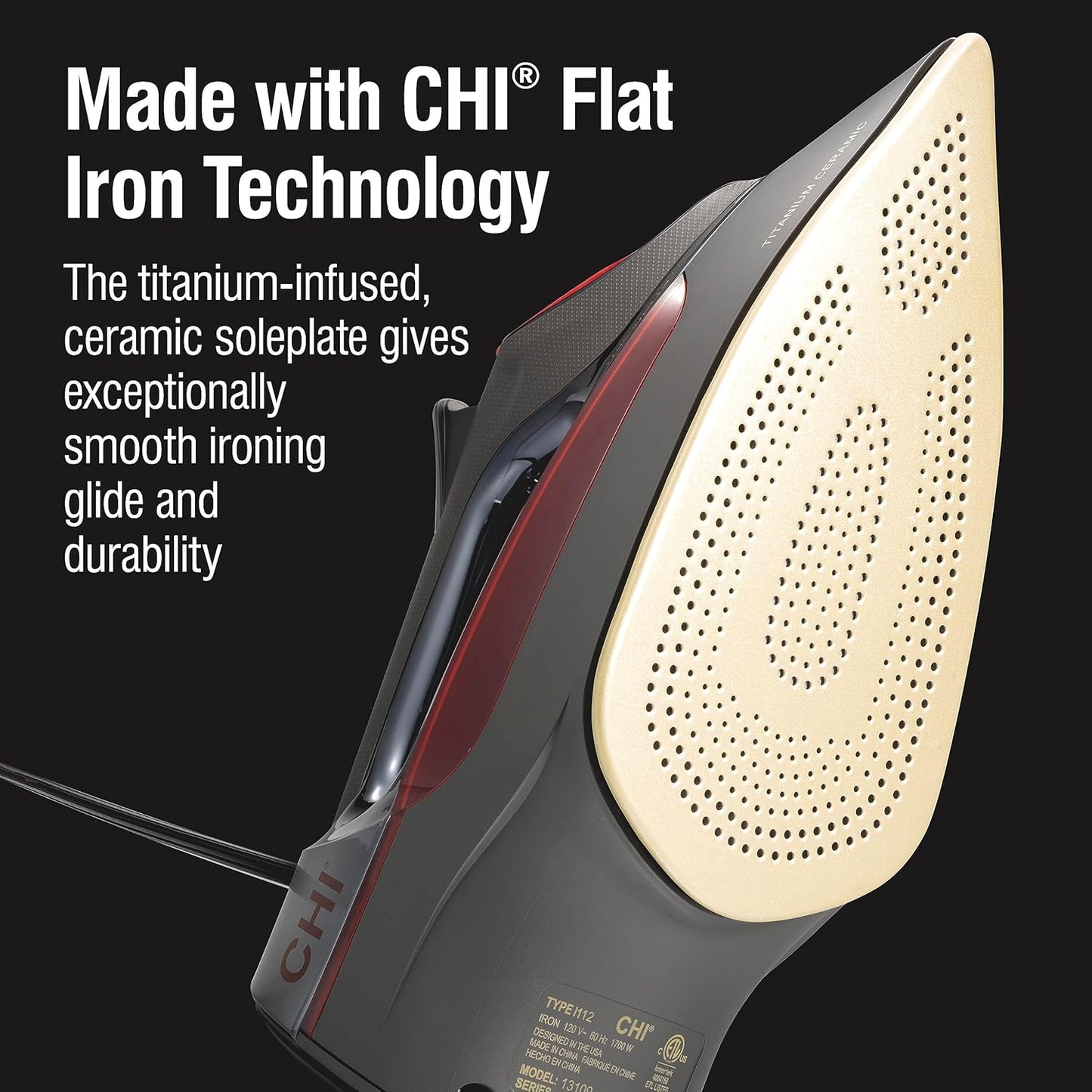 CHI Steam Iron for Clothes with 8’ Retractable Cord, 1700 Watts, 3-Way Auto Shutoff, 400+ Holes, Professional Grade, Temperature Control Dial, Titanium Infused Ceramic Soleplate, Black/Chrome (13109)
