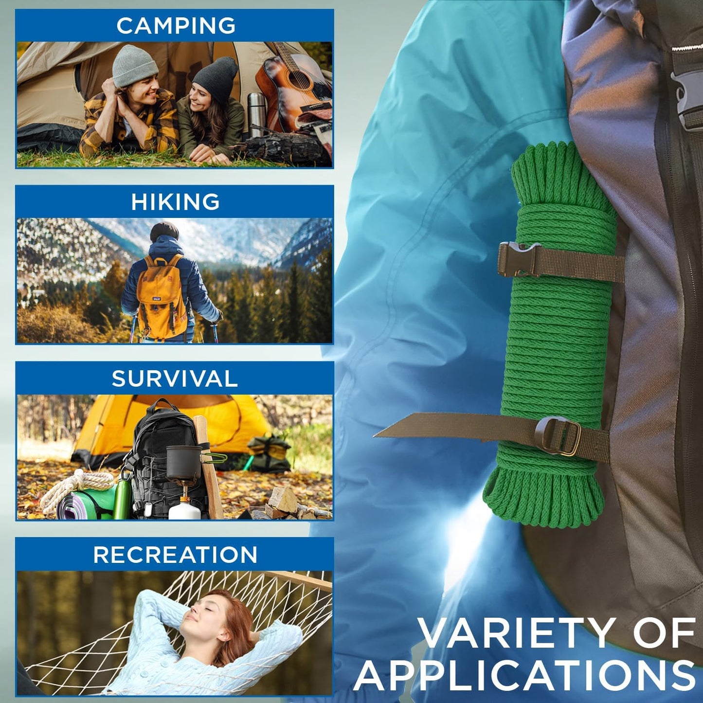 TECEUM Cotton Rope 3/16” (5 mm) – 50 FT – Strong All-Purpose Braided Rope – Natural Cotton – for Crafting, Сamping, Clothes Line, DIY, Indoor & Outdoor Use – Green