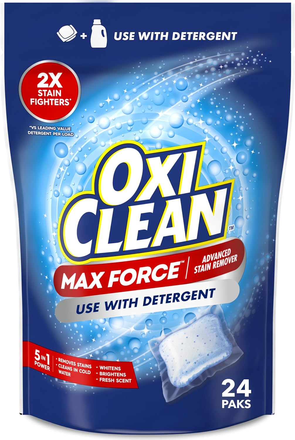 OxiClean Max Force Advanced Stain Remover Power Paks, Use with Detergent to Remove Stubborn Stains, Whiten, Brighten, and Boost Freshness, for All Temps and Washing Machines, 24 count