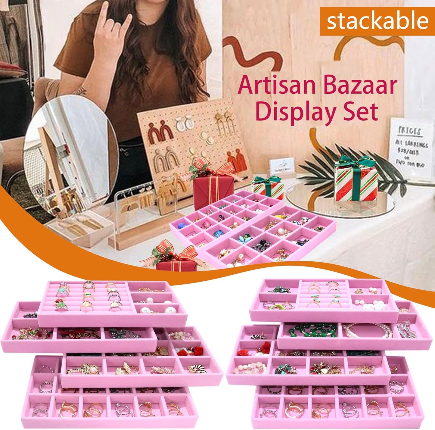 8 Pack Stackable Jewelry Trays Organizer Velvet Earring Organizer Jewelry Tray for Drawers Earring Holder Necklace Bracelet Ring Organizers