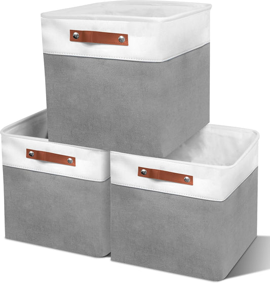 13in Open Fabric Storage Basket with Leather Handles for Organizing, Collapsible Linen Closet Bins for Shelves, Closets, Laundry, Decorative Basket for Gifts. (White＆Gray, 3PCS/13x13in)