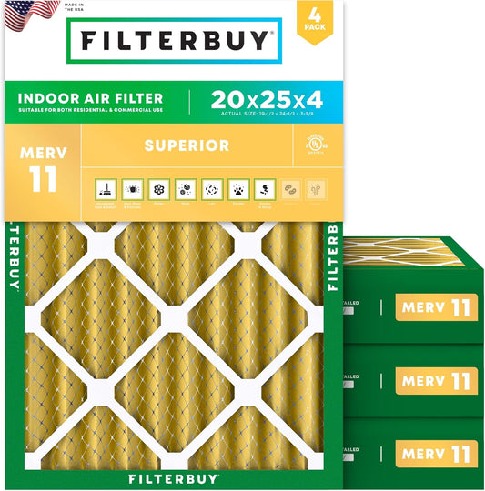 Filterbuy 20x25x4 Air Filter MERV 11 (MPR 1200) Allergen Defense Replacement (4-Pack), Electrostatic Pleated HVAC AC Furnace Filters, Made in USA (Actual Size: 19.50 x 24.50 x 3.63)