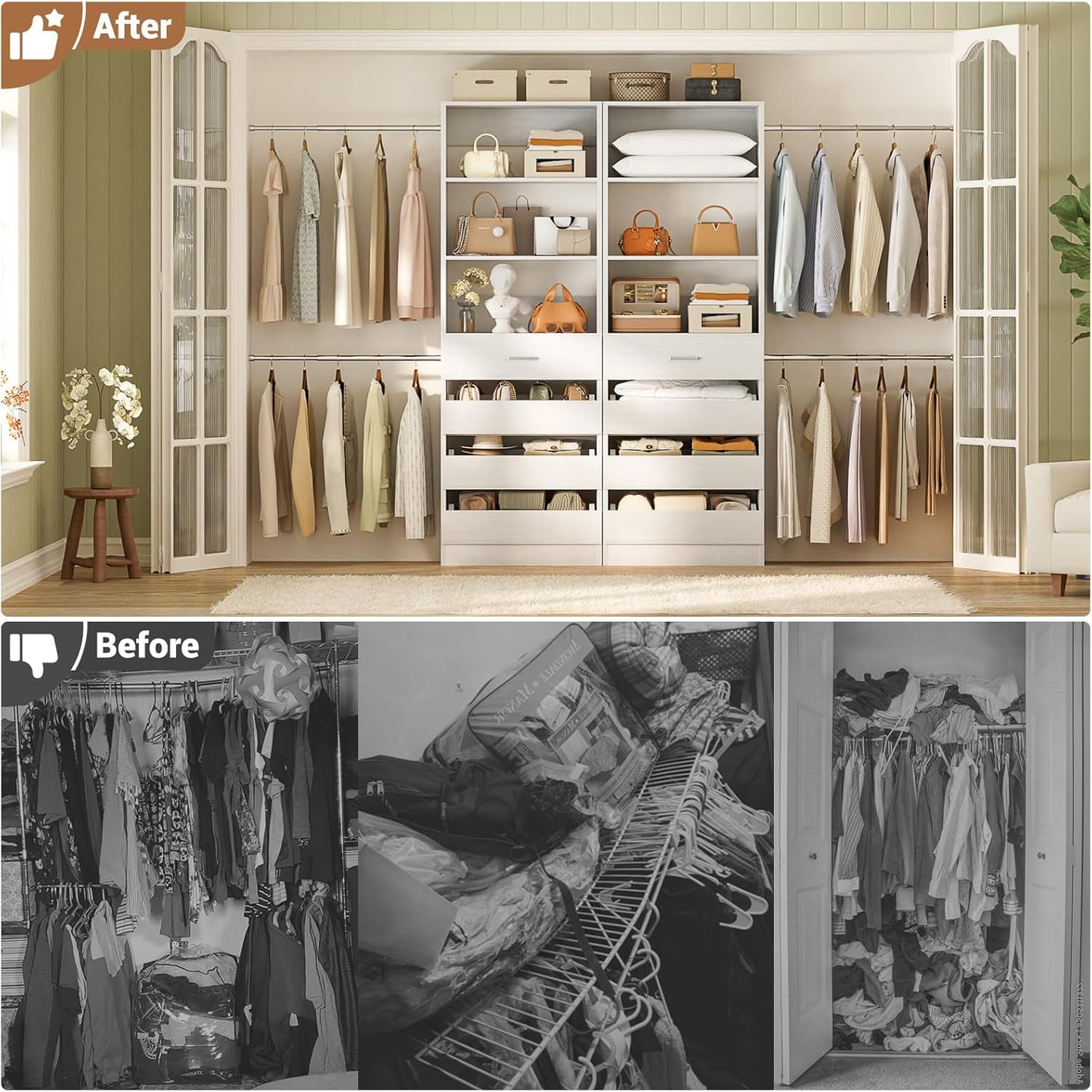Aheaplus Closet System, 6-15Ft Closet Organizer with 8 Wooden Drawers, Wood Closet Organizer System with Tower, Walk-in Closet Organizer Wardrobe Clothes Rack with 4 Hanging Rods, Garment Rack, White
