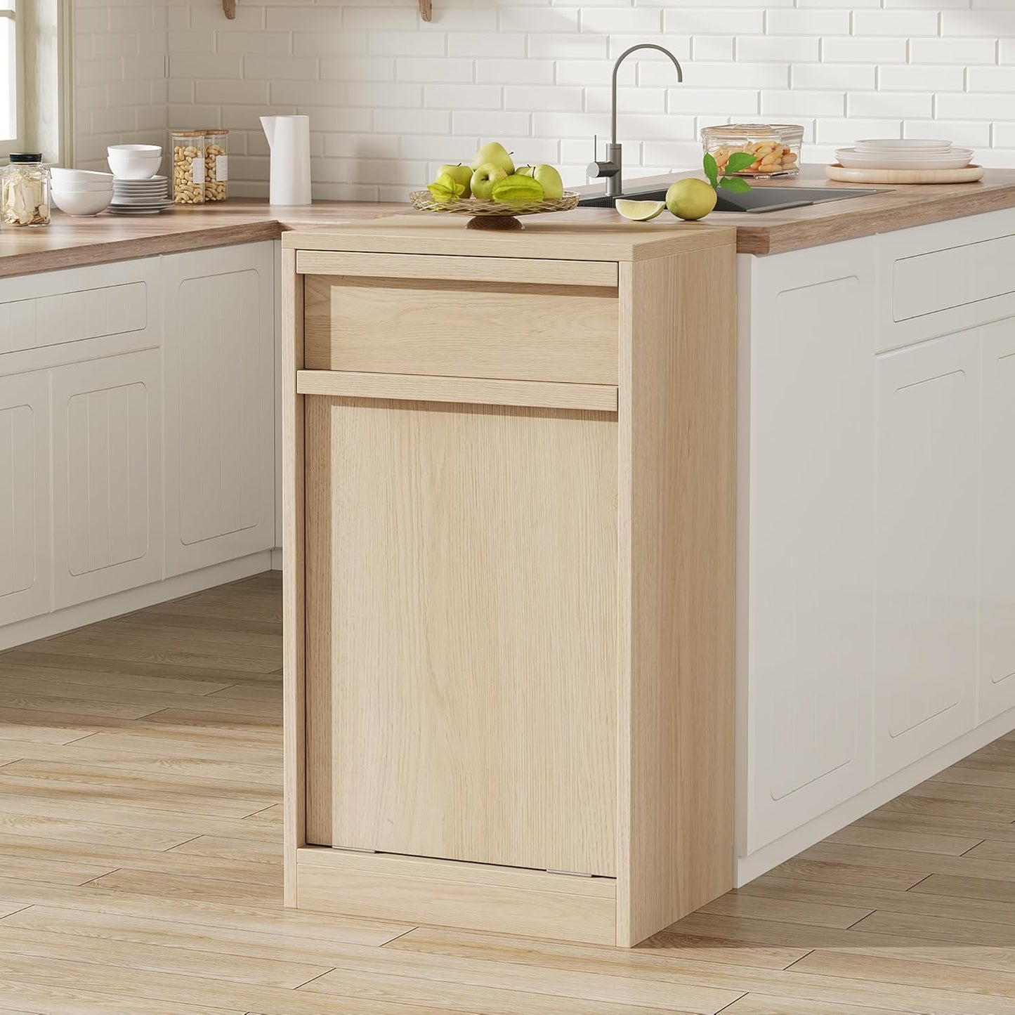 Tilt Out Trash Cabinet, Natural Wood Hidden Garbage Can Cabinet for 10 Gallon Bins, Modern Pet-Proof Trash Cabinets for Kitchen, Dining, Living Room Storage