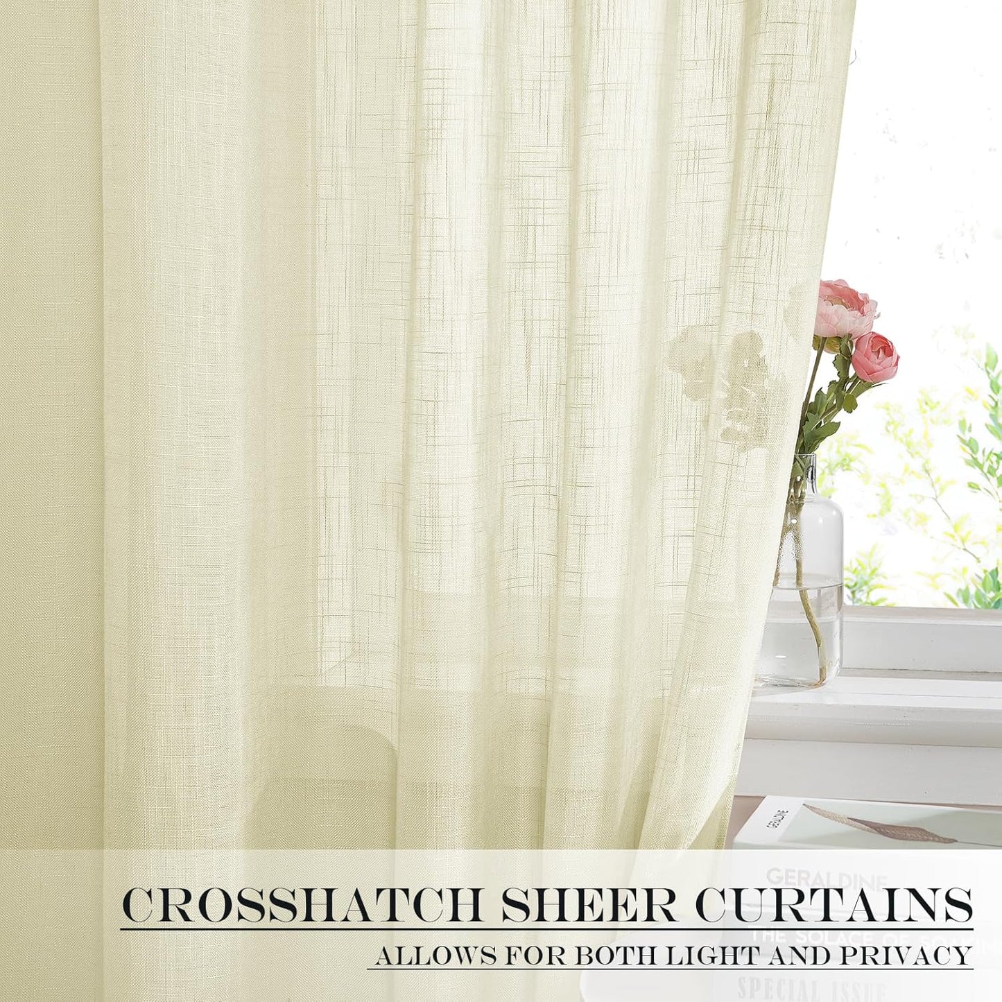 NICETOWN French Sheer Door Panel - Translucent Privacy Sheer with Light Filter Linen Look Textured French Door Curtains (52 inches Width by 40 inches Long, 1 Panel with Tieback, Yellow)