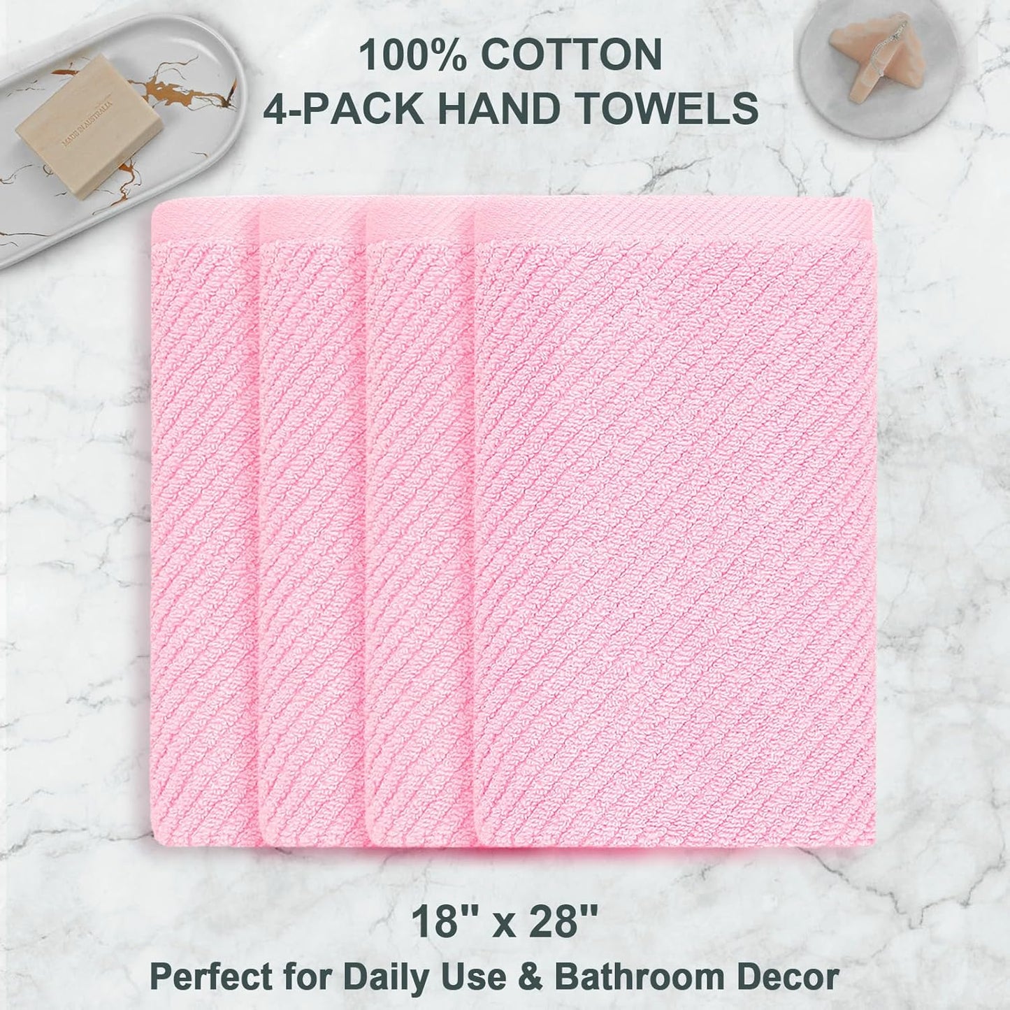 VOOVA & MOVAS Pink Bathroom Hand Towels Set of 4, Large 18" x 28" - 100% Cotton | Quick Dry | Light Weight | Thick | Soft | Absorption, Luxury Hand Towels for Showering, Bathroom Essentials Set