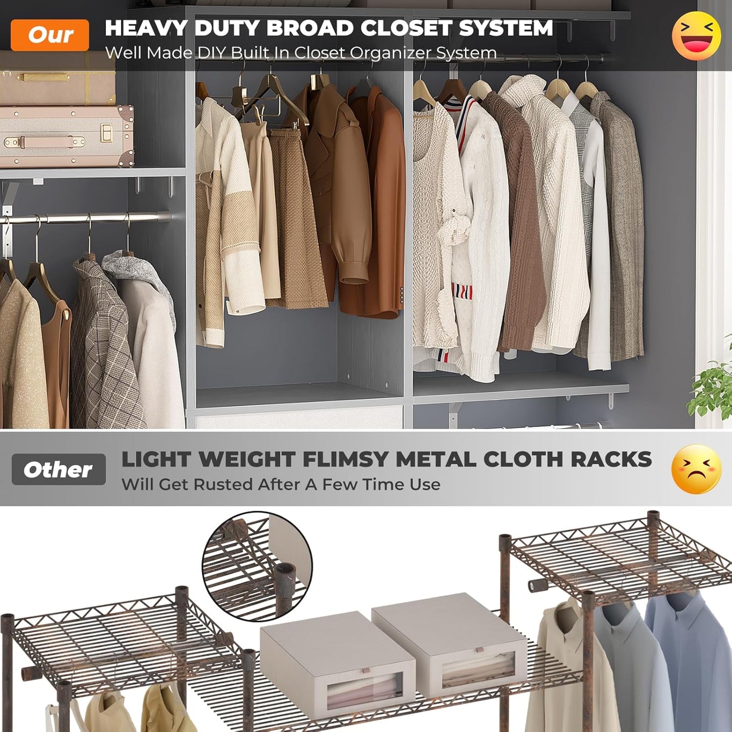 Armocity 5FT Small Closet System with 3 Fabric Drawers, 60 Inches Walk In Closet Organizer System With 3 Adjustable Shelves, Heavy Duty Clothes Rack Built-In Garment Rack, 59" L x 16" W x 71" H, Grey