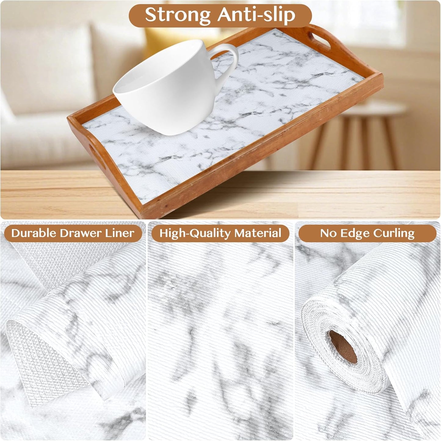 Non-Adhesive Shelf and Drawer Liner for Kitchen Cabinets, 12 in x 10FT Strong Non-Slip Cabinet Liners for Shelves, Refrigerator, Pantry Storage, Bathroom Closet, Easy to Clean, Marble