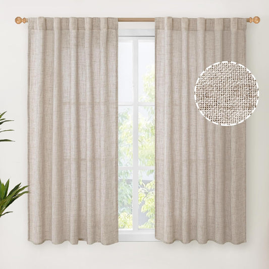 YoungsTex Short Linen Curtains 45 Inch Length for Cafe Window, Natural Light Filtering Drapes with Rod Pocket Back Tab Semi Sheer for Kitchen Window, 2 Panels, 42 X 45 Inch