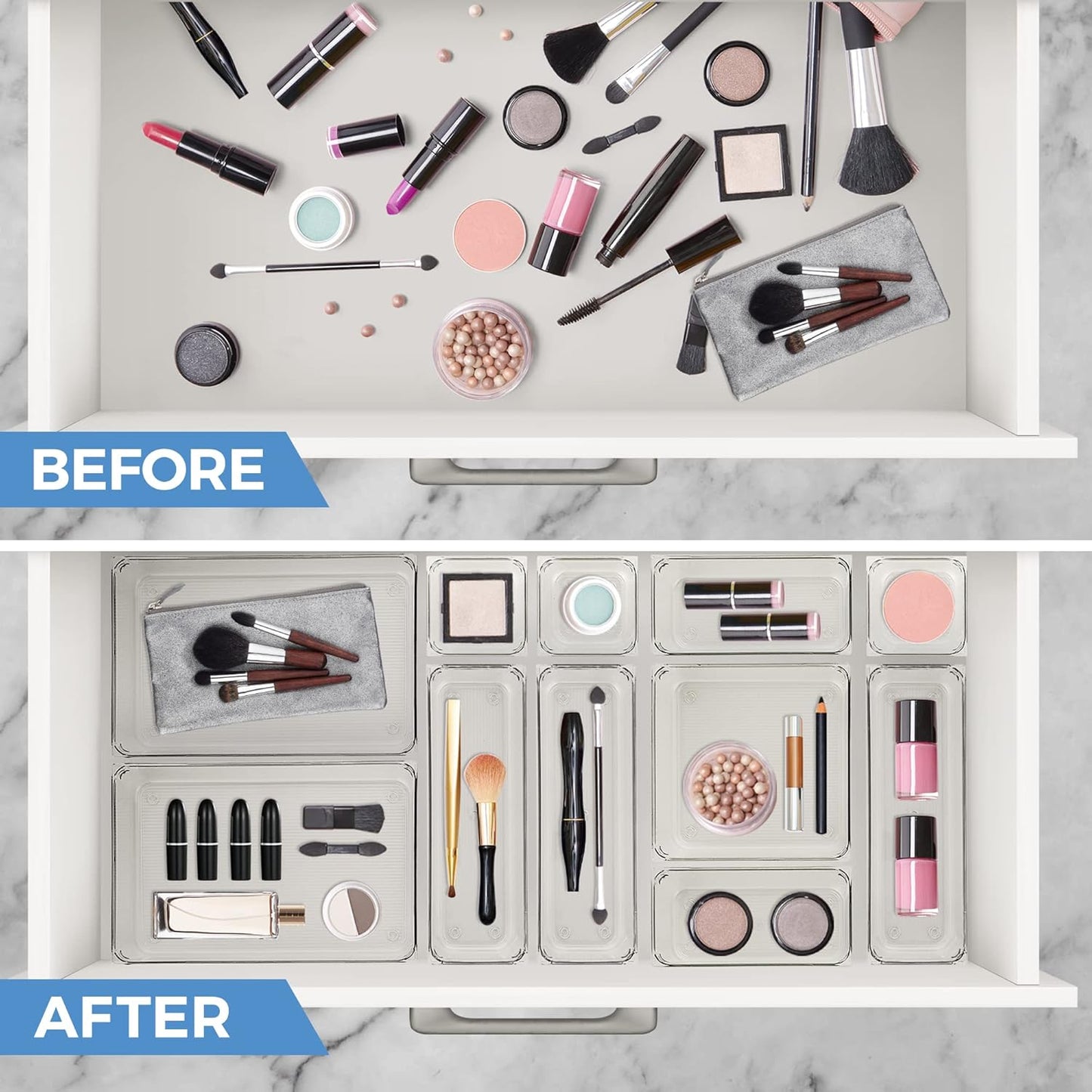 Ravinte 6 Pack Drawer Organizer - 6" X 9" Plastic Storage Bins, Acrylic Organizers with Non-Slip Pads Clear Desk Storage Tray for Makeup, Jewelries, Kitchen Utensils, Bathroom and Office