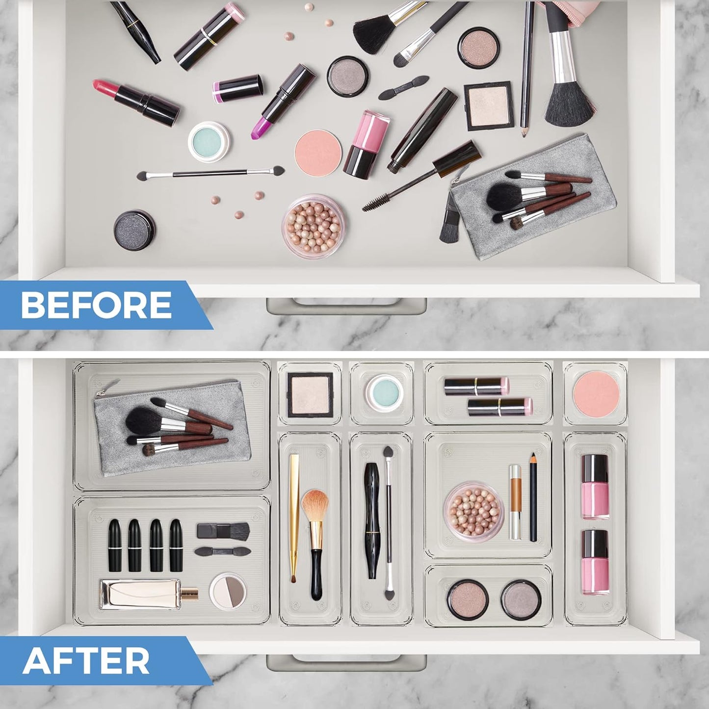 Ravinte 6 Pack Drawer Organizer - 6" X 6" Plastic Storage Bins, Acrylic Organizers with Non-Slip Pads Clear Desk Storage Tray for Makeup, Jewelries, Kitchen Utensils, Bathroom and Office