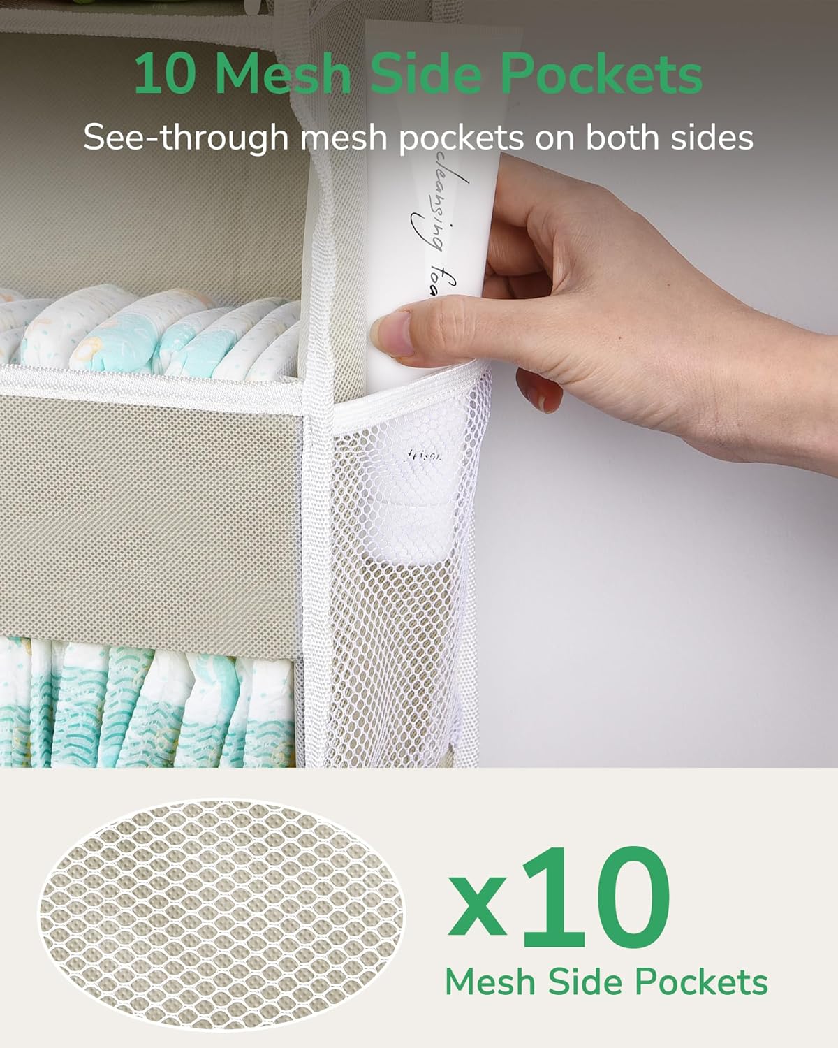 ULG 1-Pack Over Door Organizer with 5 Large Pockets 10 Mesh Side Pockets, 44 lbs Weight Capacity Hanging Storage Organizer with Clear Window for Bedroom Bathroom Kitchen, RV, Camper, Beige