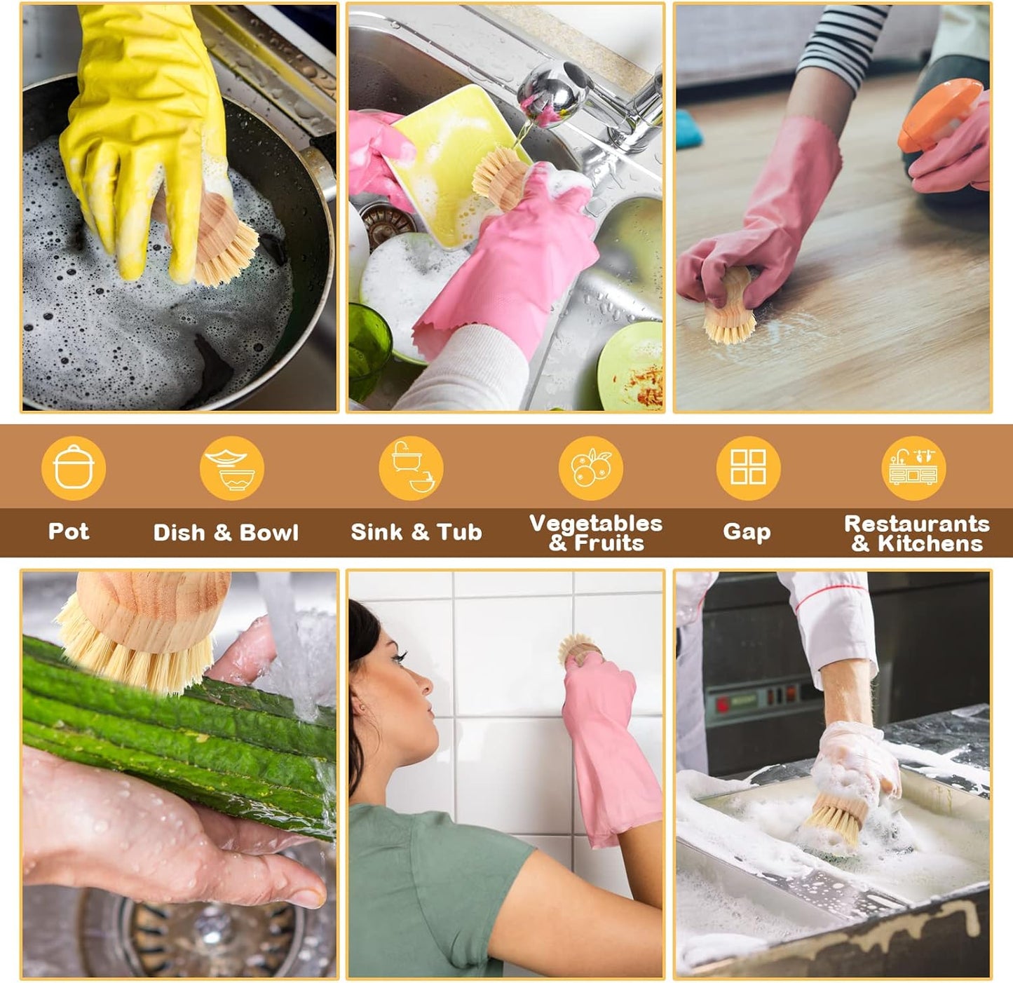 Nuenen 50 Packs Bamboo Dish Scrub Brushes Wooden Scrubbers Set Kitchen Dishwashing Scrubber with Natural Sisal Bristles for Iron Pot Pan Sink