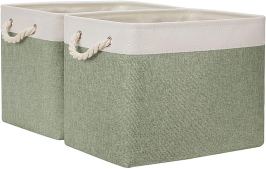 Temary Storage Baskets Fabric Storage Bins for Shelves, 2 Pack Decorative Storage Boxes Canvas Storage Basket with Handles for Organizing Clothes, Books(White&Green,16Lx12Wx12H Inches)