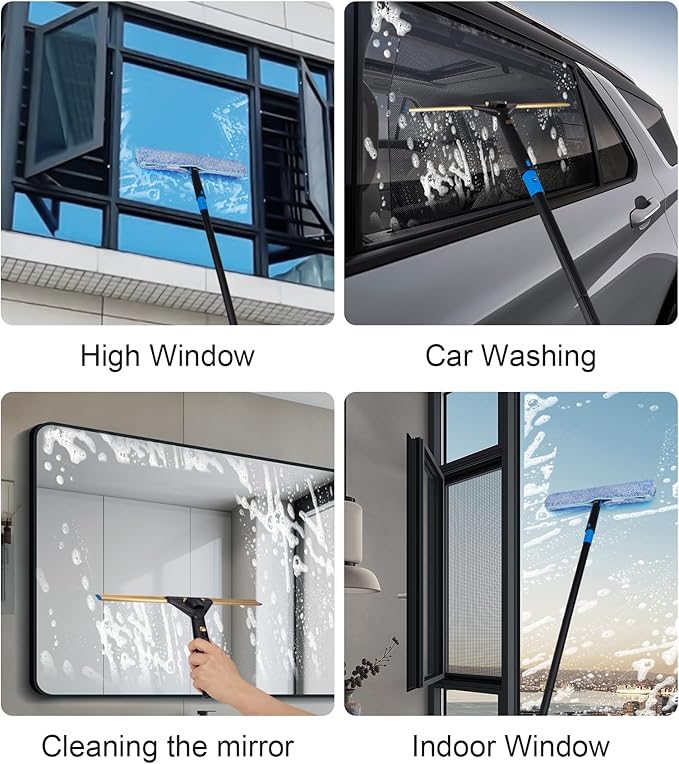 Swivel Squeegee Kit with 4 Extension Poles,Glass Scraper, Bendable Duster, 2 Window Scrubber Cloth for Glass, Car, Floor, Home,Garden
