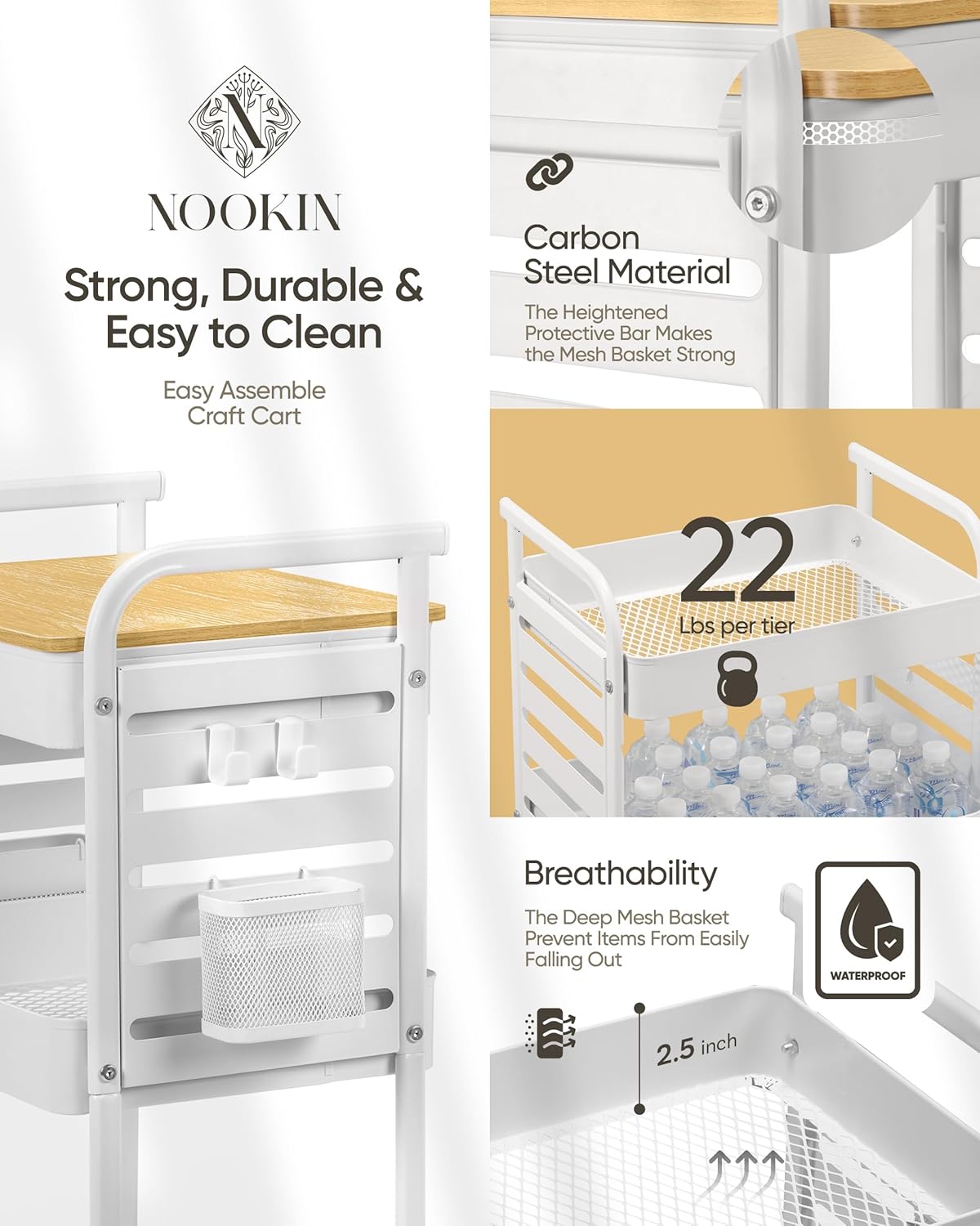 Art Cart with Tabletop & Pegboard - 3-Tier Rolling Utility Cart with Wheels, 2 Baskets & 6 Hooks - Metal Storage Organizer for Home, Office, Crafting & Kids’ Art Supplies (White)